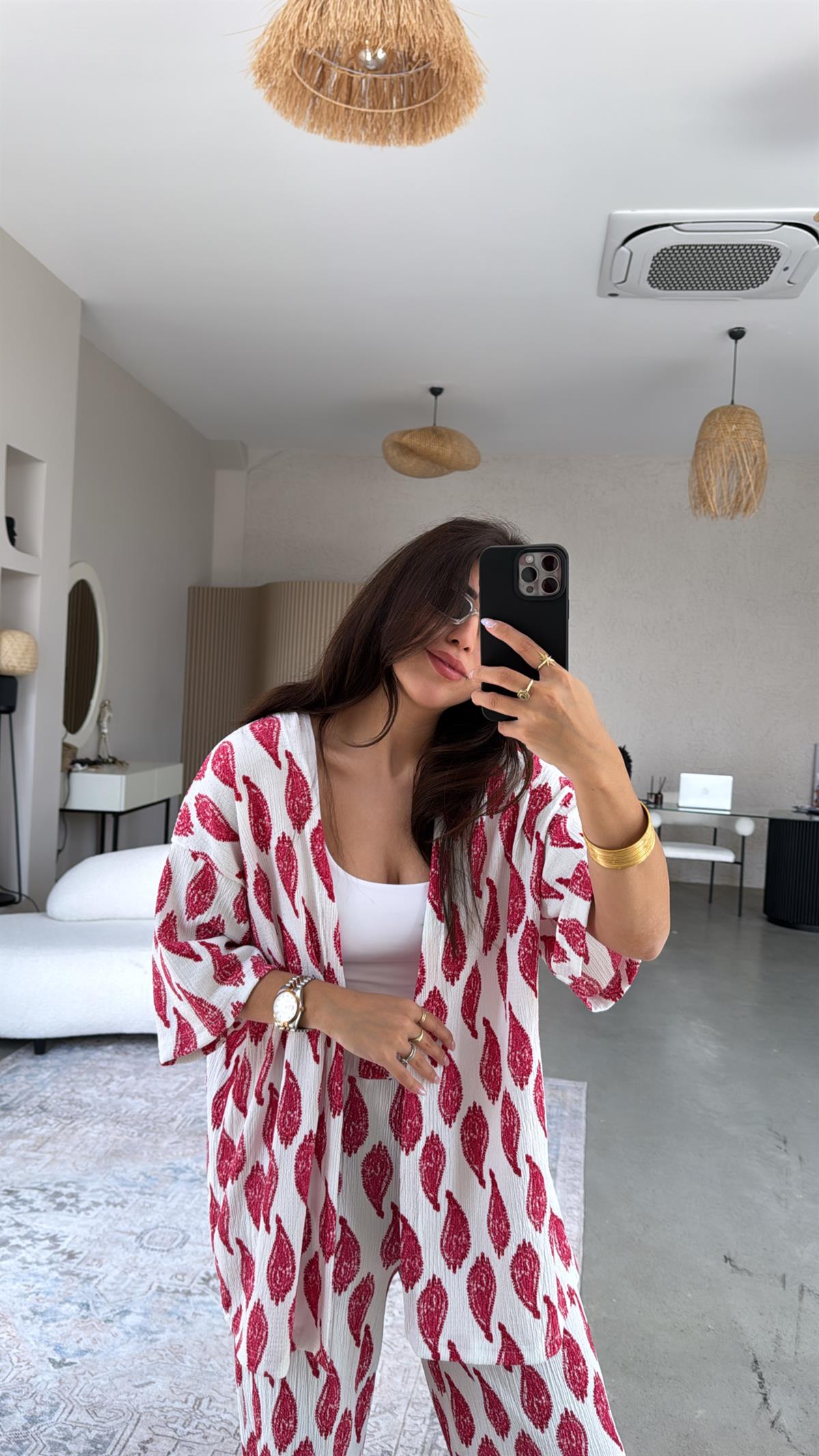 Fuşya Etnik Desenli Bürümcük Ceketli Takım