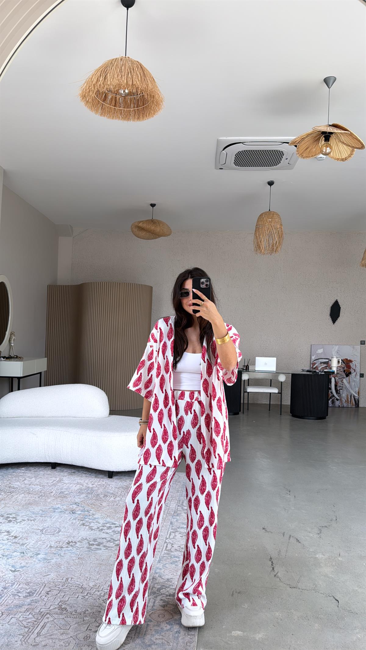 Fuşya Etnik Desenli Bürümcük Ceketli Takım