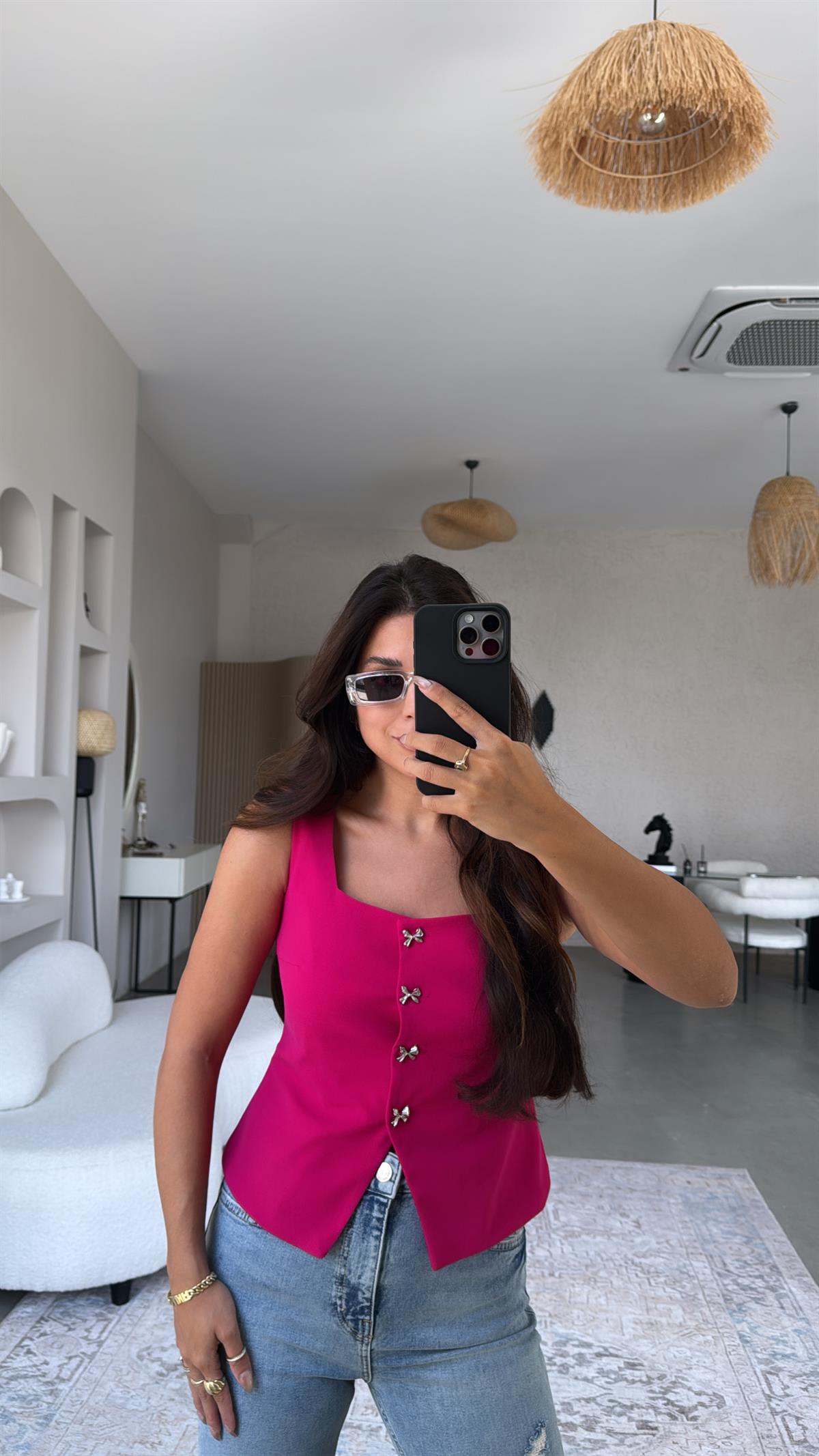 Fuşya Fiyonk Düğmeli Kumaş Yelek