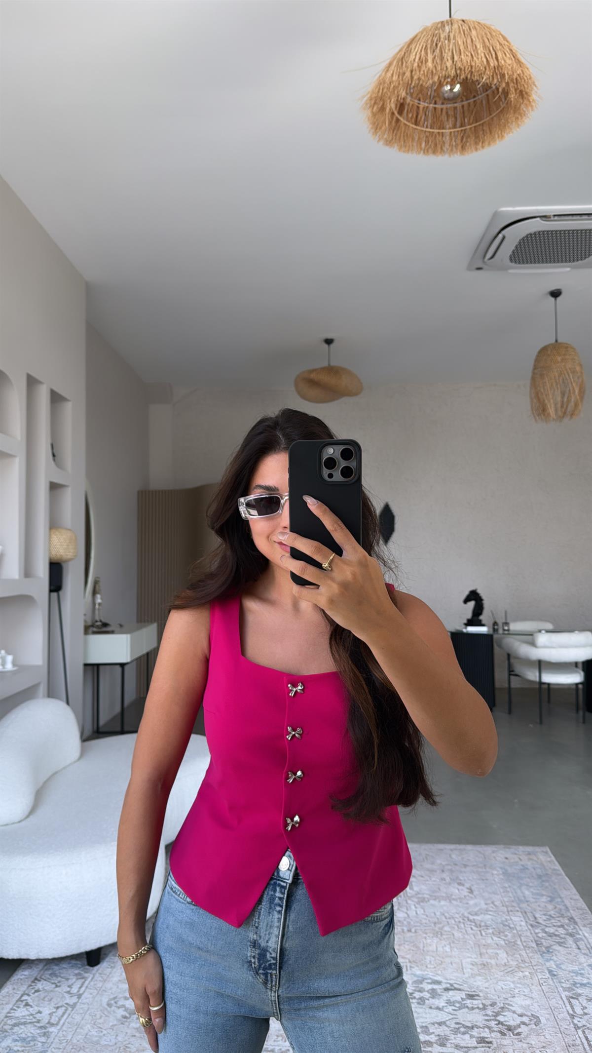 Fuşya Fiyonk Düğmeli Kumaş Yelek