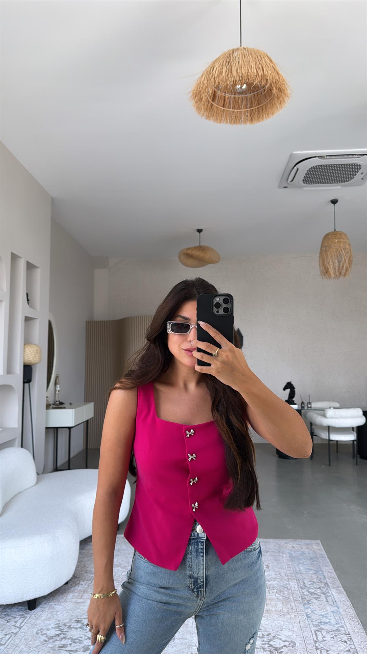 Fuşya Fiyonk Düğmeli Kumaş Yelek