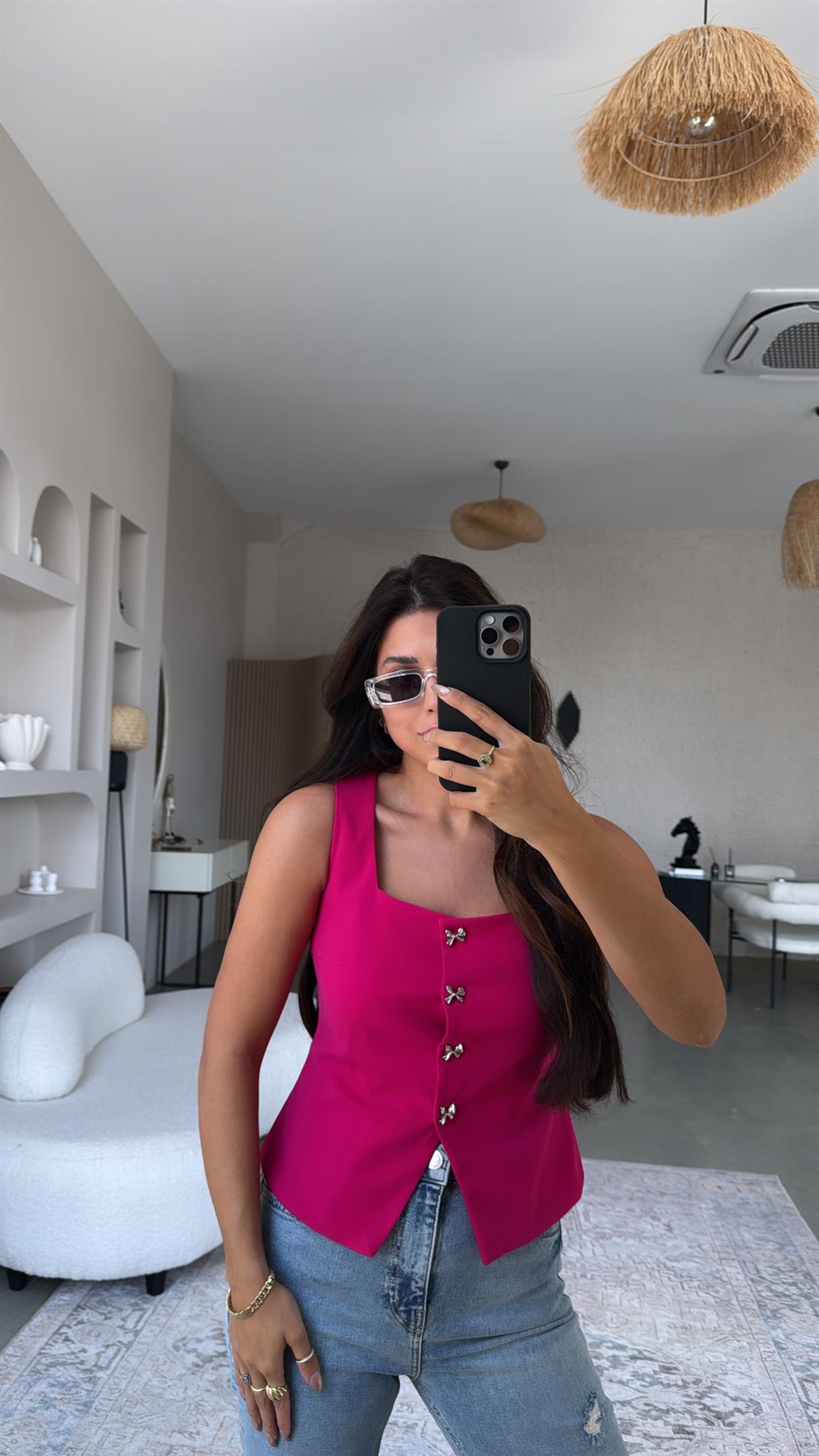 Fuşya Fiyonk Düğmeli Kumaş Yelek