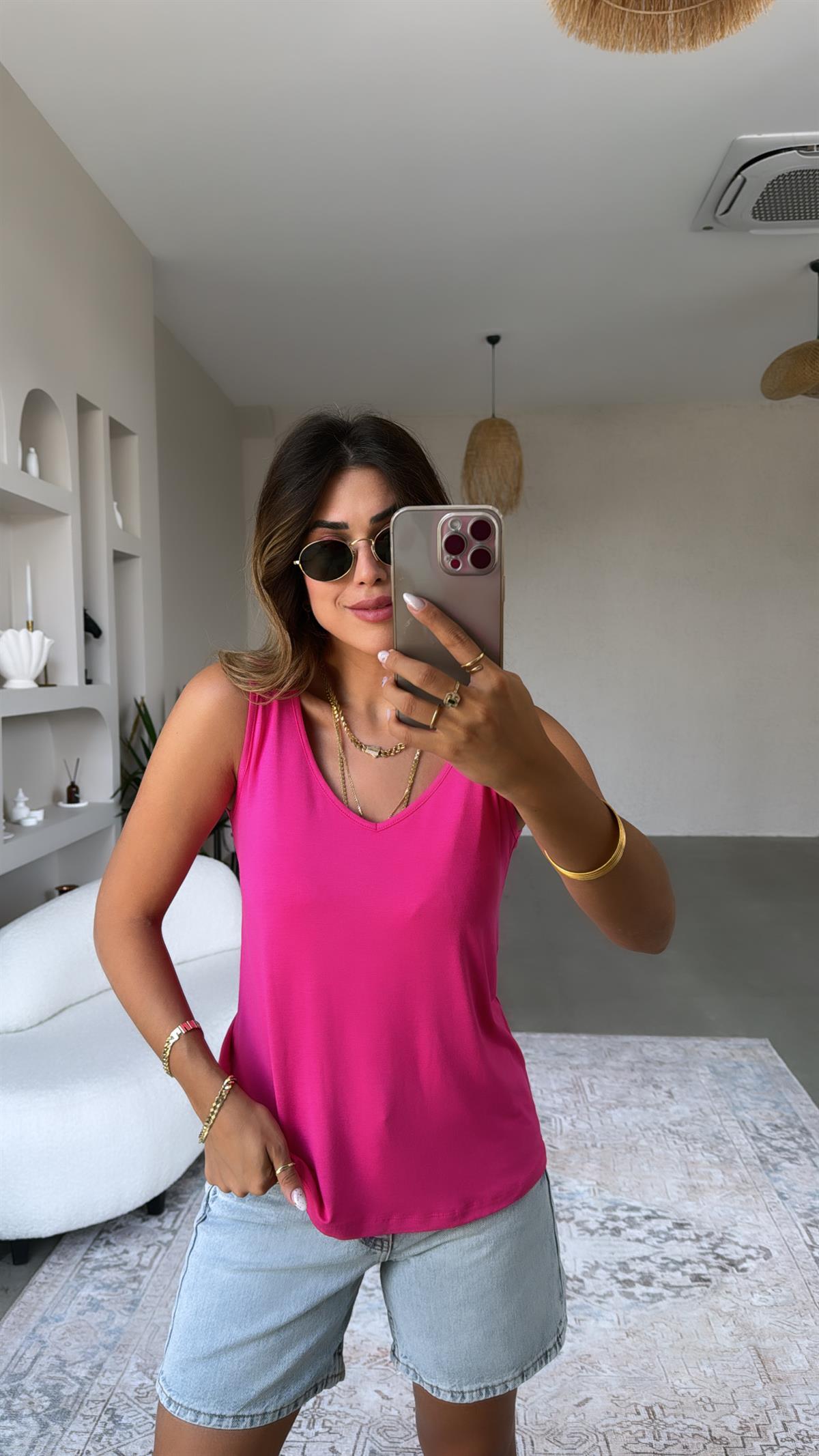 Fuşya Ön Arka V Yaka Atlet