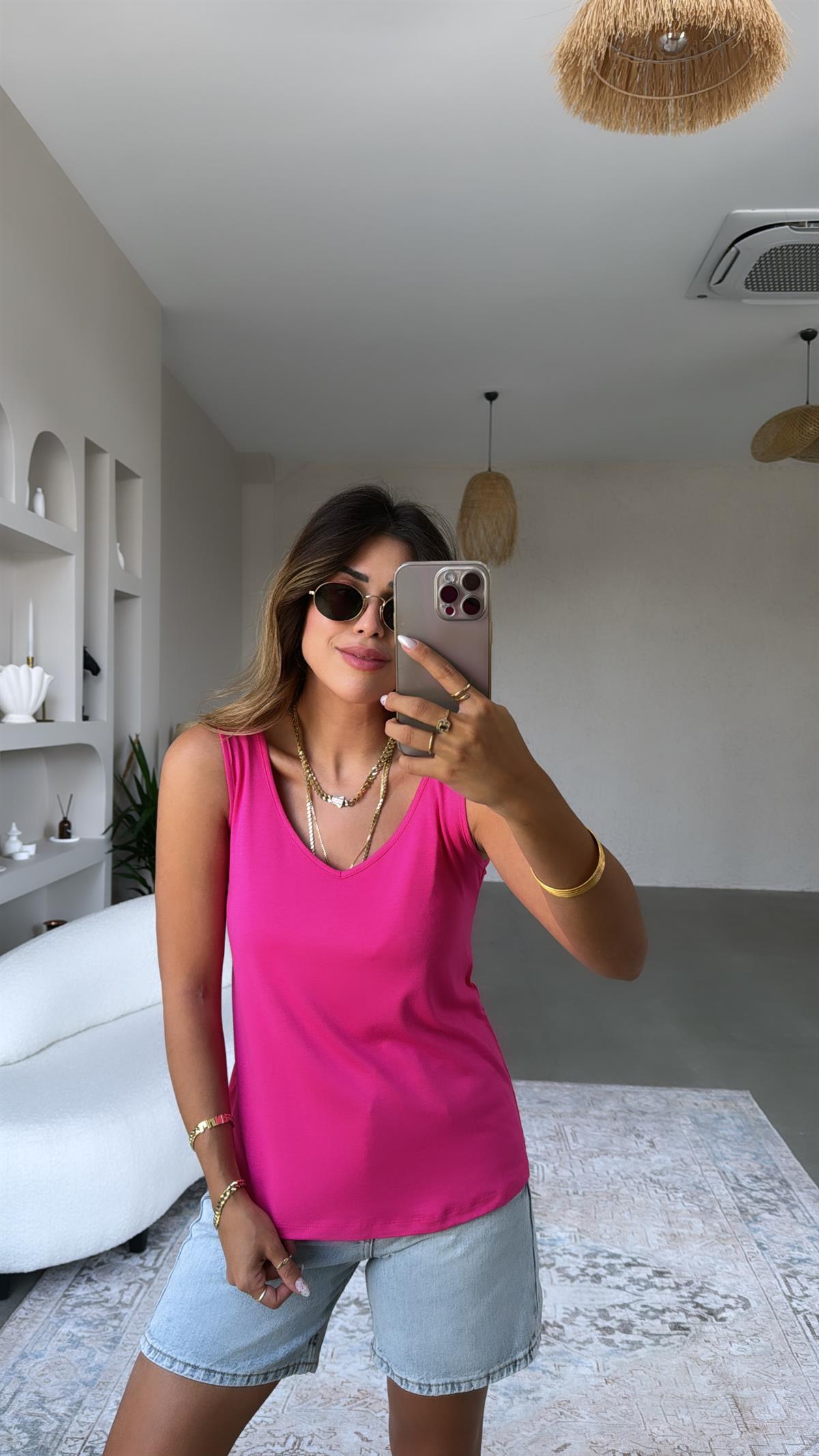 Fuşya Ön Arka V Yaka Atlet