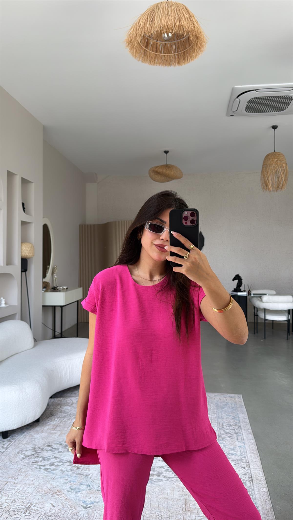 Fuşya Paça Pensli Pantolon Bluz Takım