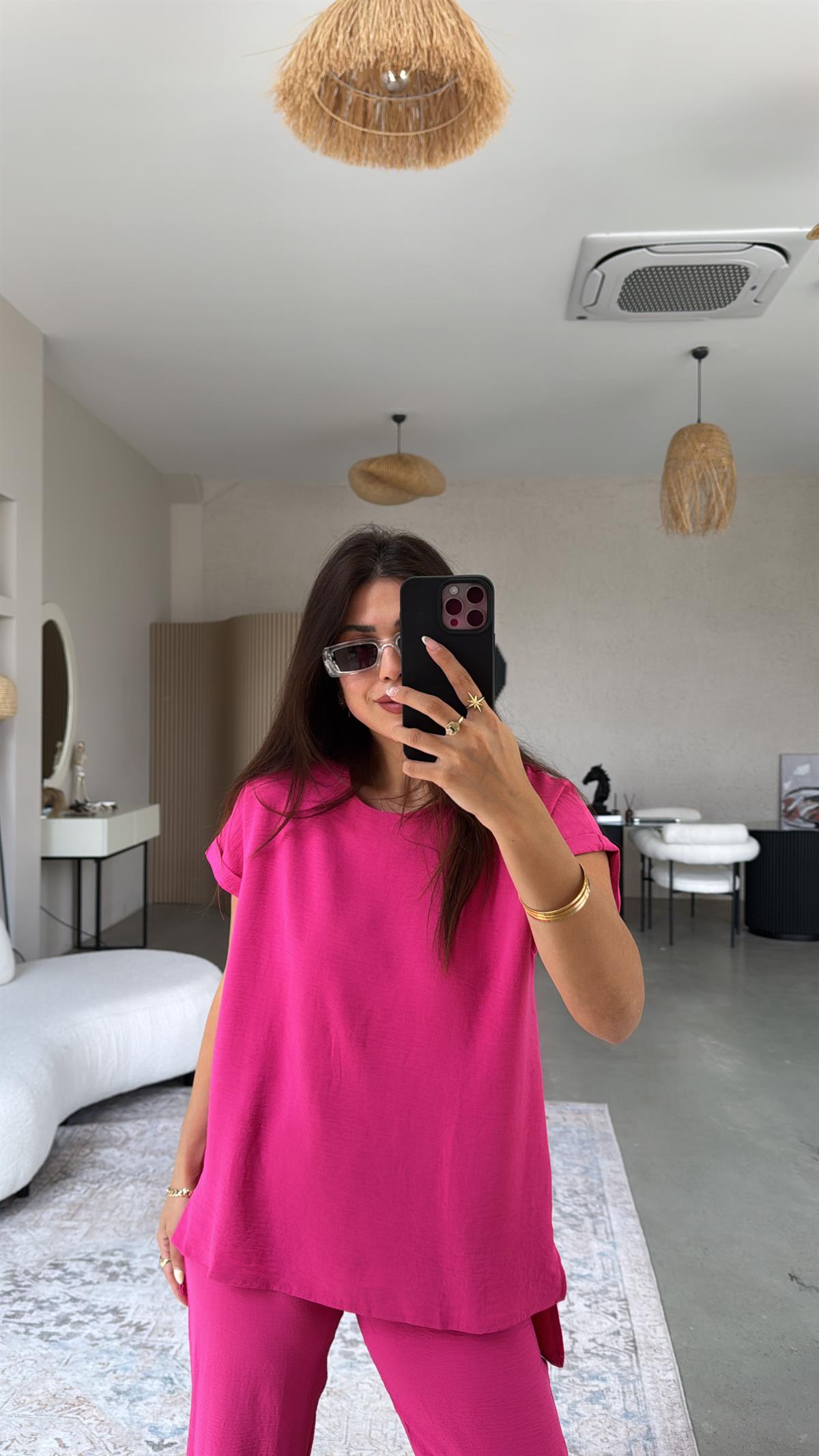 Fuşya Paça Pensli Pantolon Bluz Takım