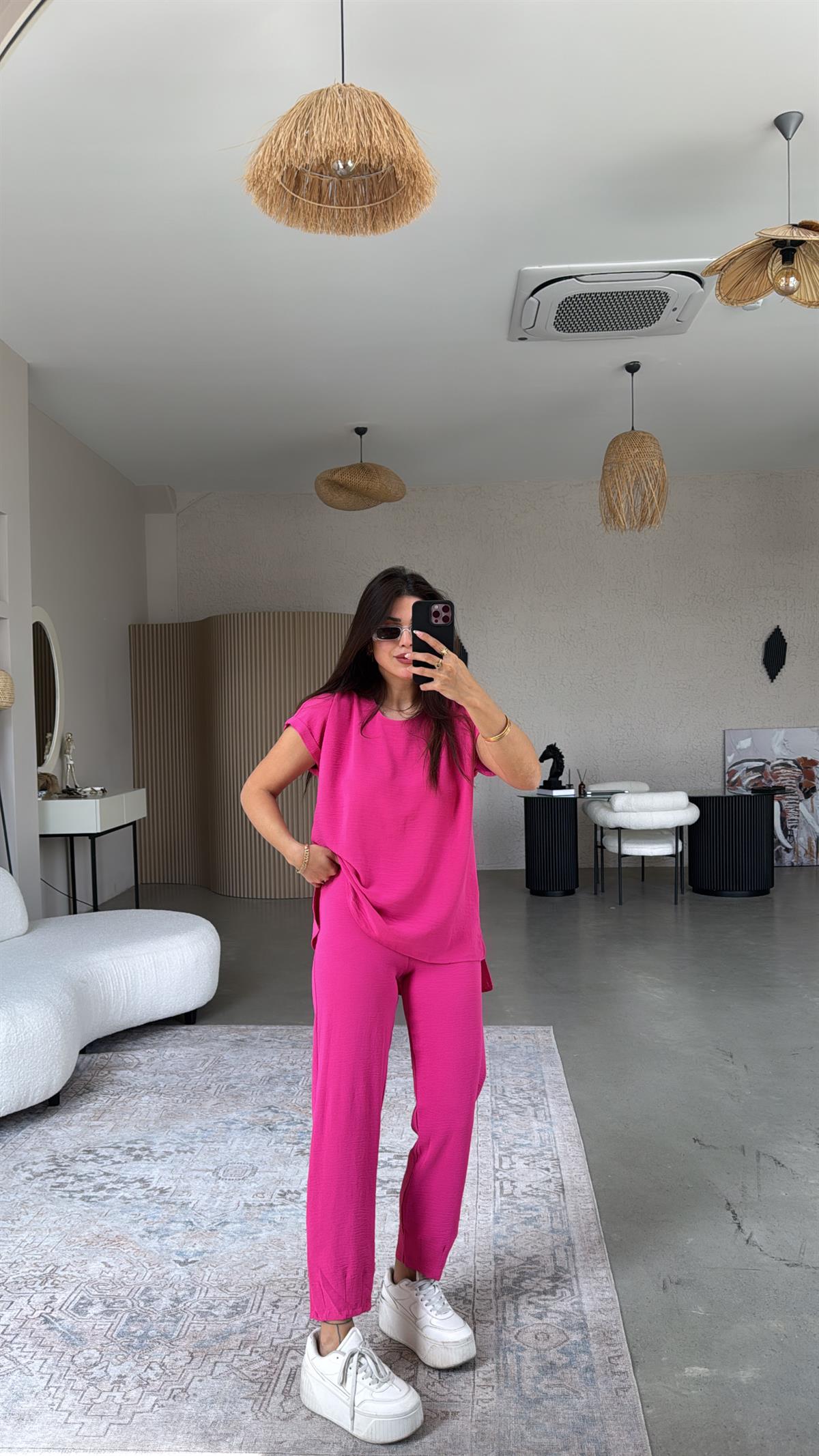 Fuşya Paça Pensli Pantolon Bluz Takım