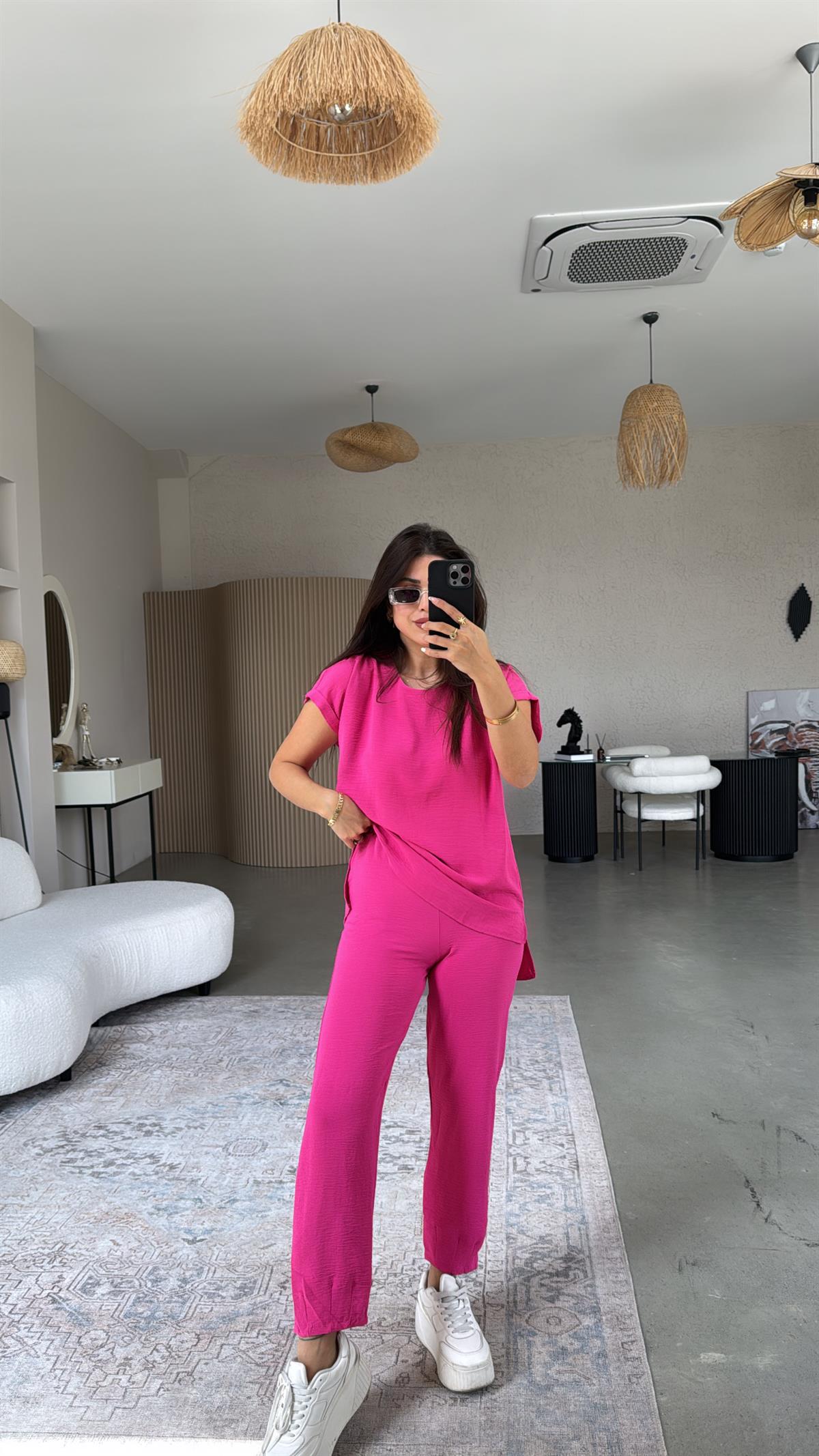 Fuşya Paça Pensli Pantolon Bluz Takım