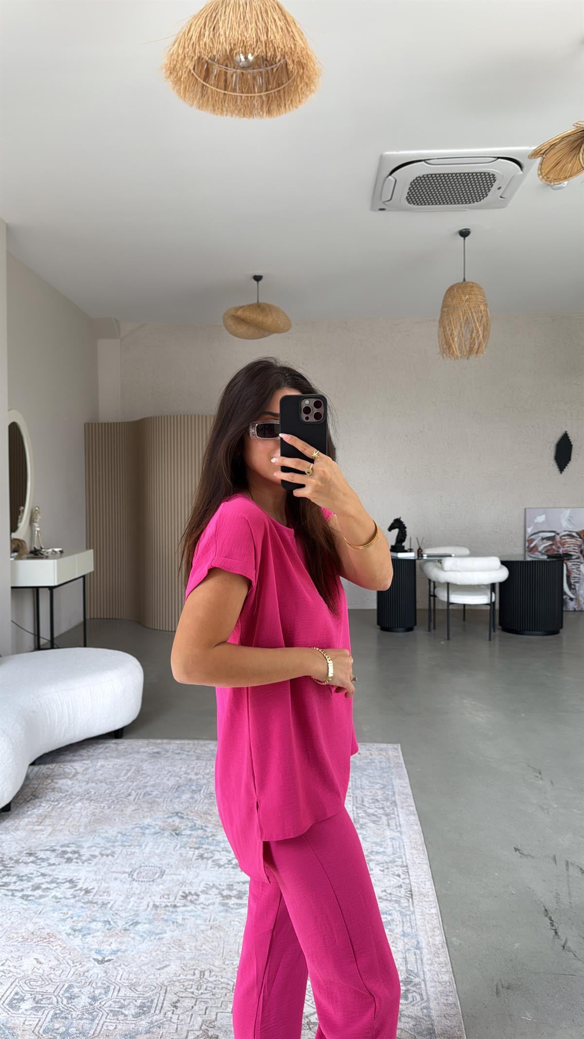 Fuşya Paça Pensli Pantolon Bluz Takım