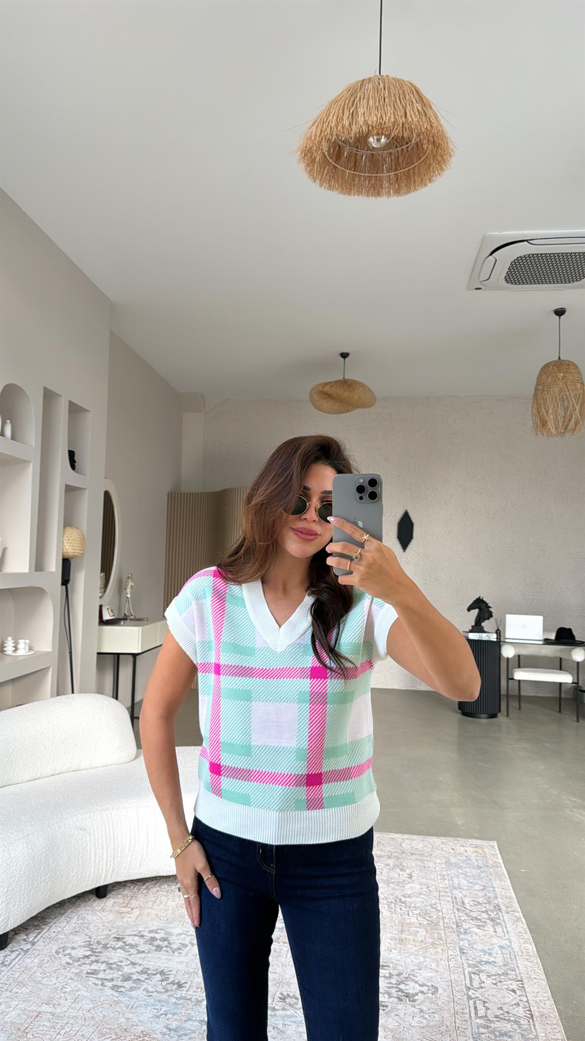 Fuşya Su Yeşili Kare Desenli Triko Bluz