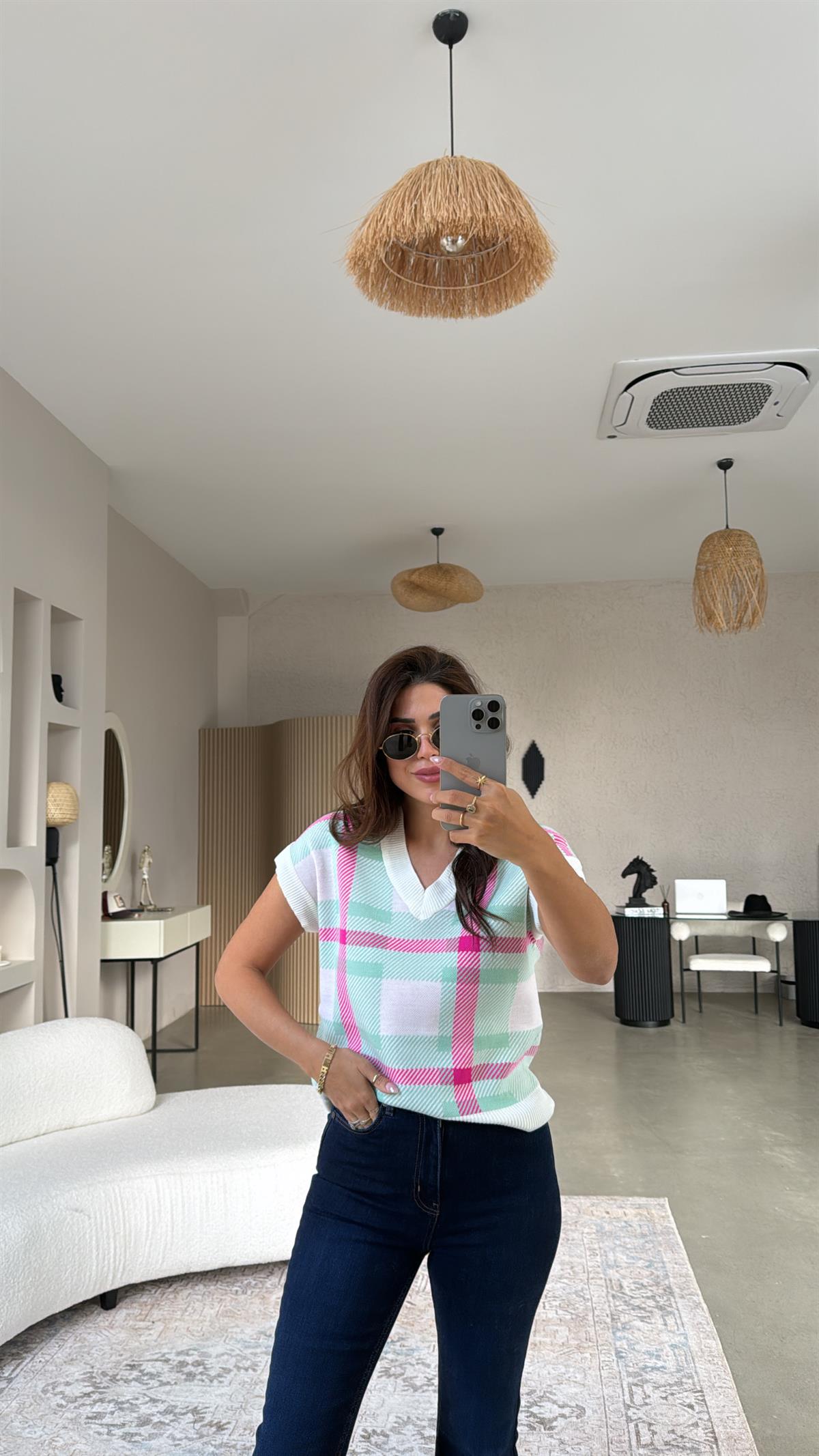 Fuşya Su Yeşili Kare Desenli Triko Bluz