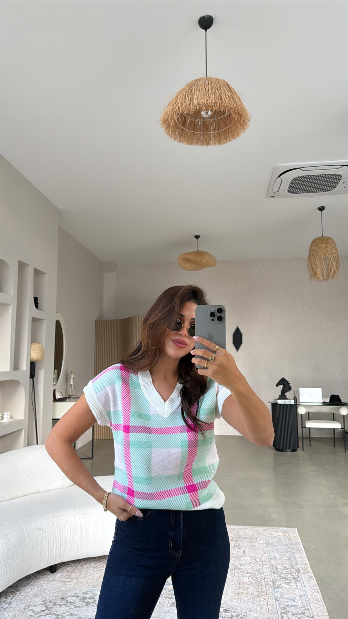 Fuşya Su Yeşili Kare Desenli Triko Bluz