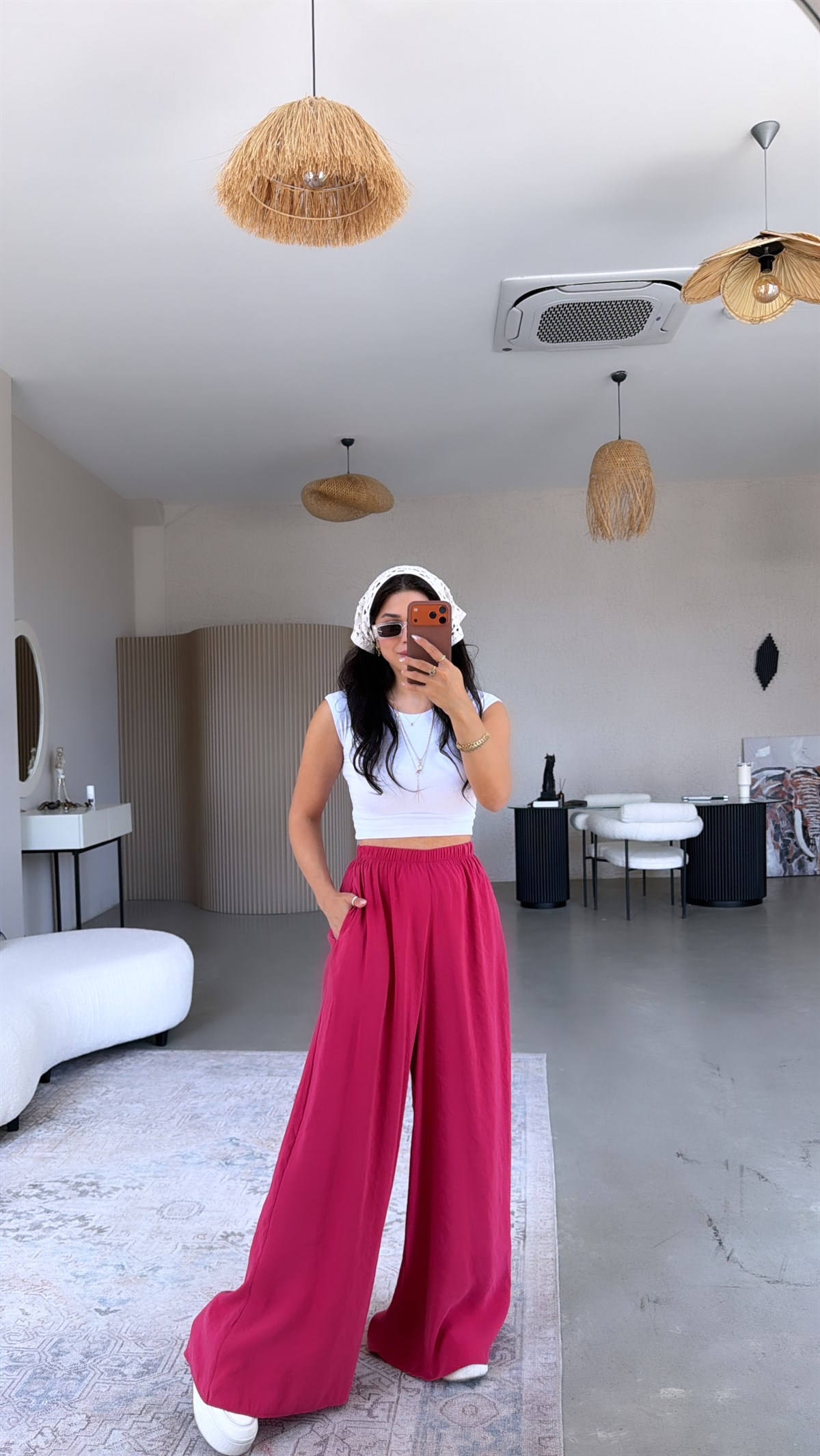 Fuşya Ultra Wide Leg Tensel Pantolon