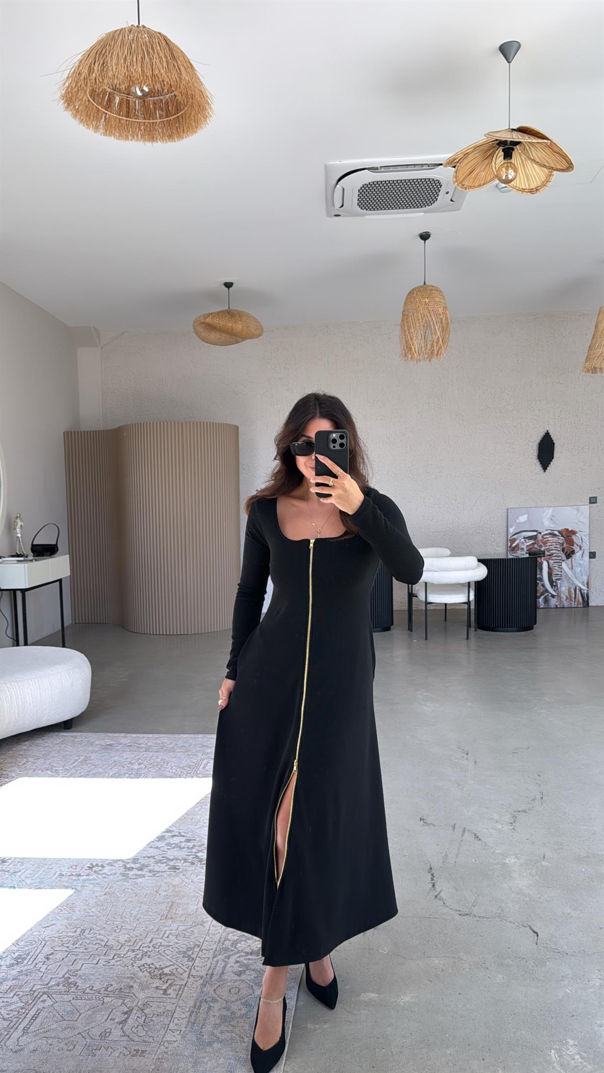 Gold Fermuarlı Kare Yaka Midi Boy Elbise