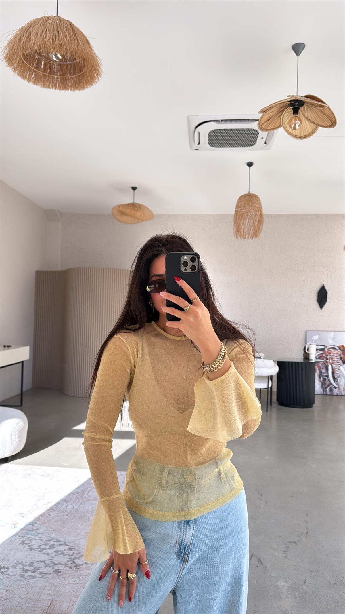 Gold Simli Transparan Bluz