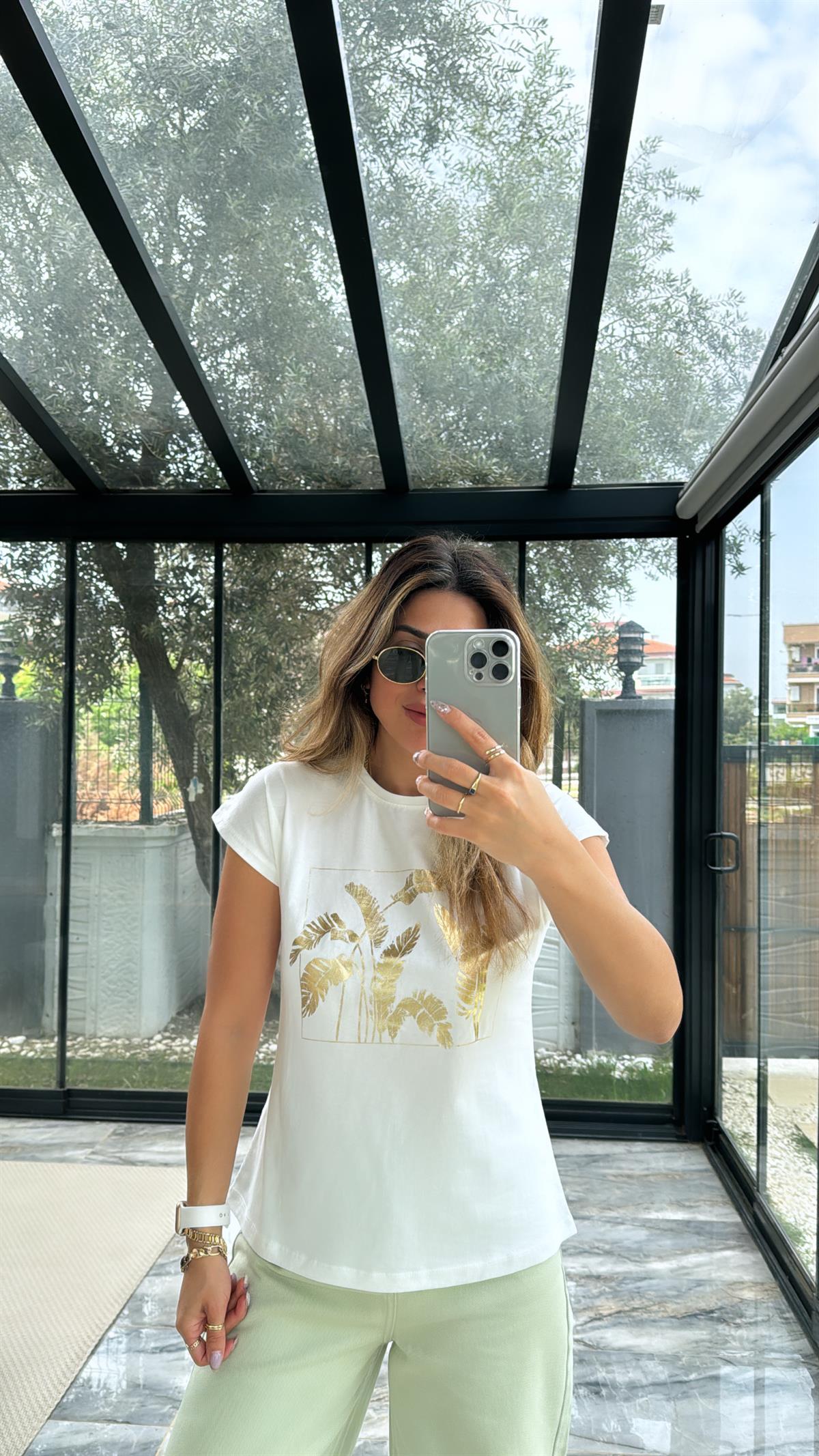 Gold Varaklı Yaprak Desen Tshirt