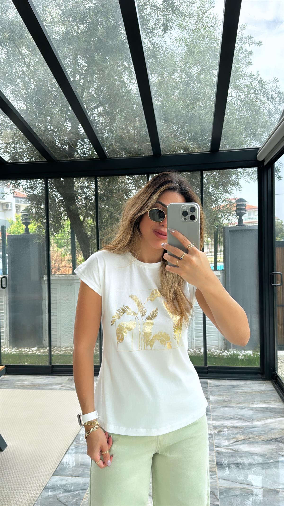 Gold Varaklı Yaprak Desen Tshirt