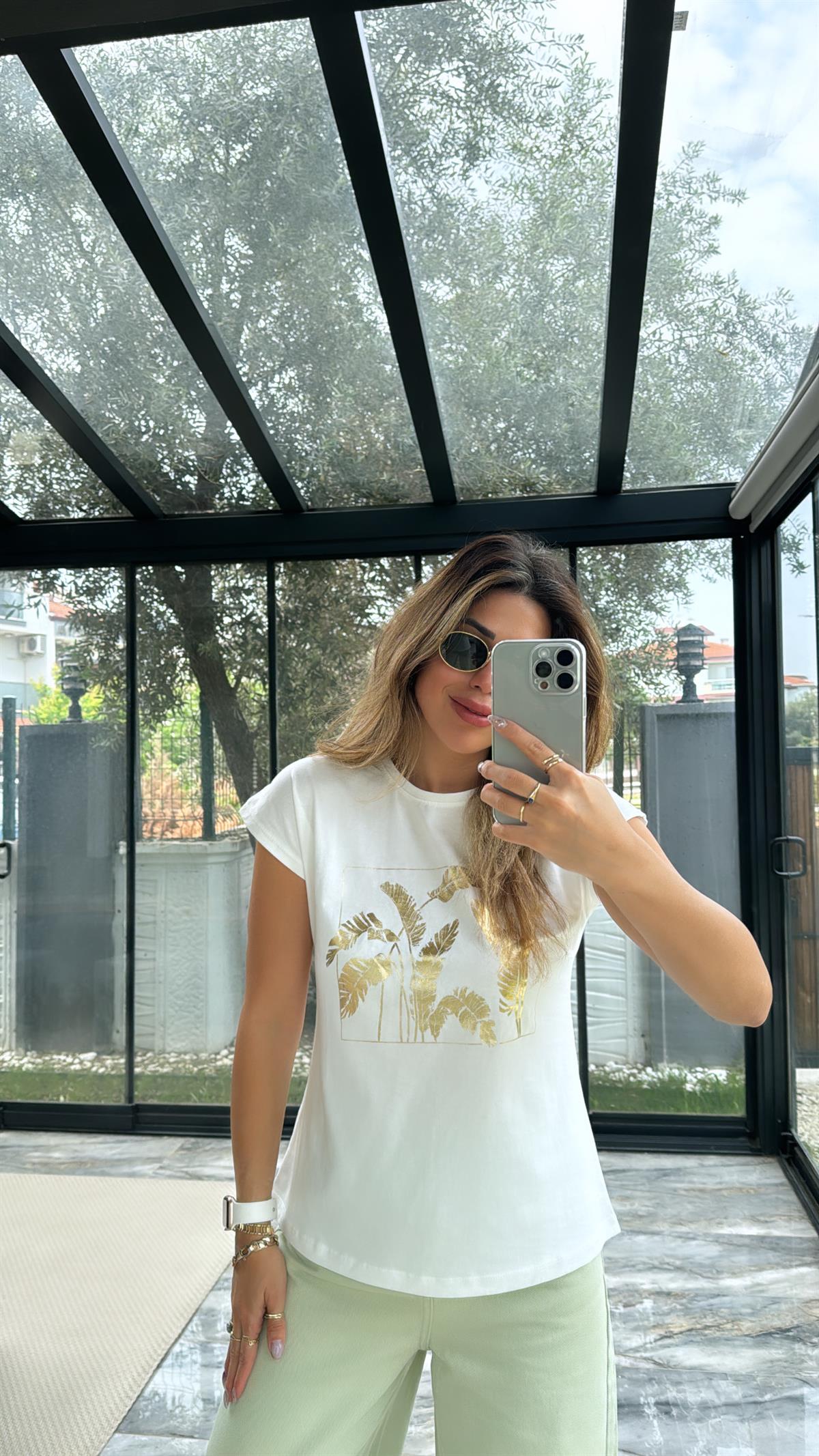 Gold Varaklı Yaprak Desen Tshirt