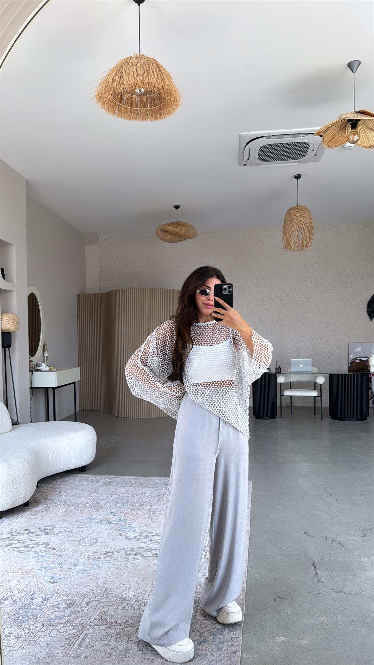 Gri Basic Bol Paça Keten Pantolon