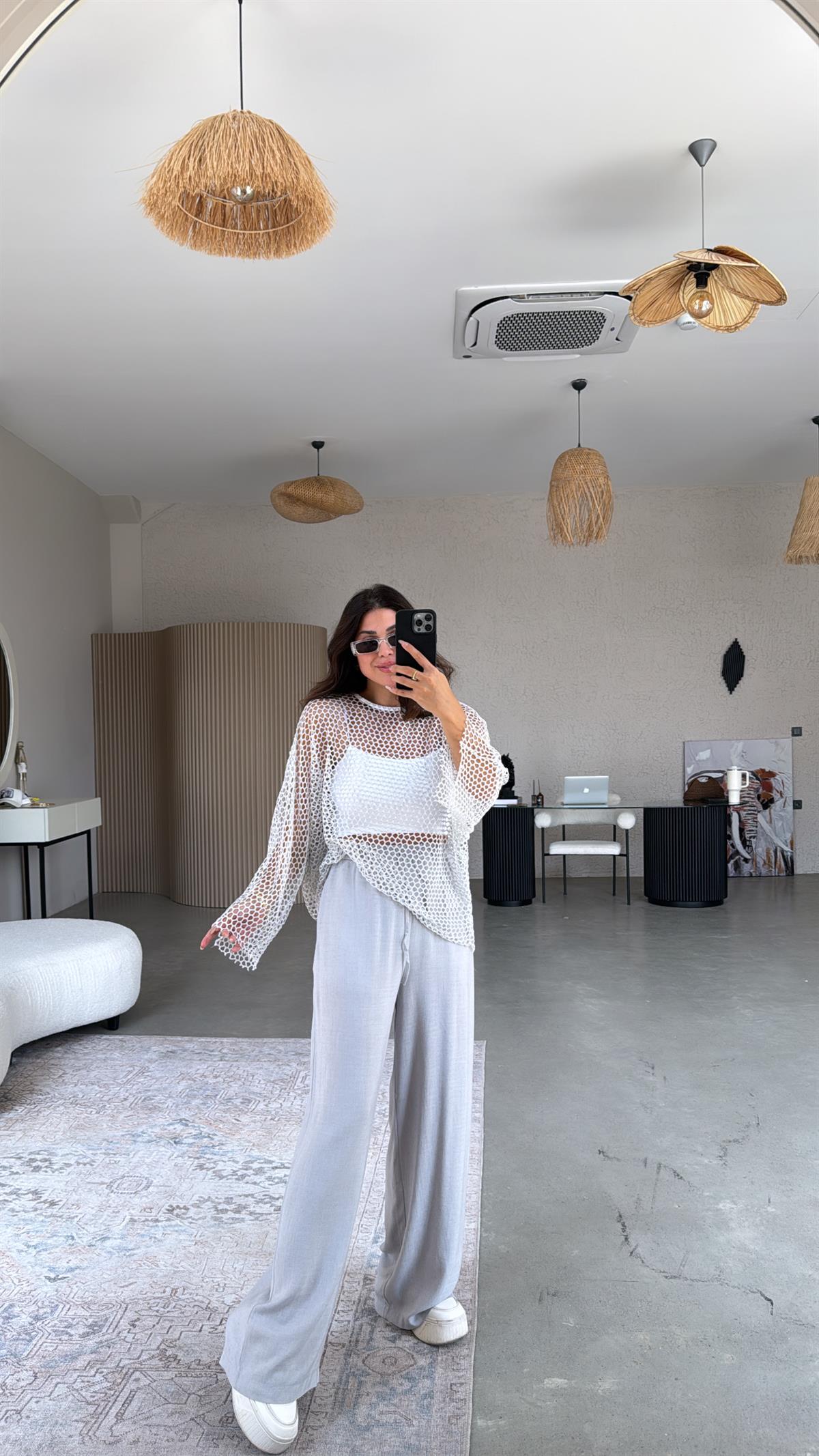 Gri Basic Bol Paça Keten Pantolon