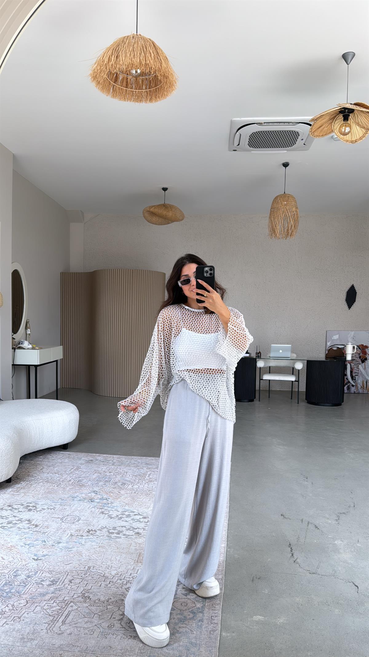 Gri Basic Bol Paça Keten Pantolon