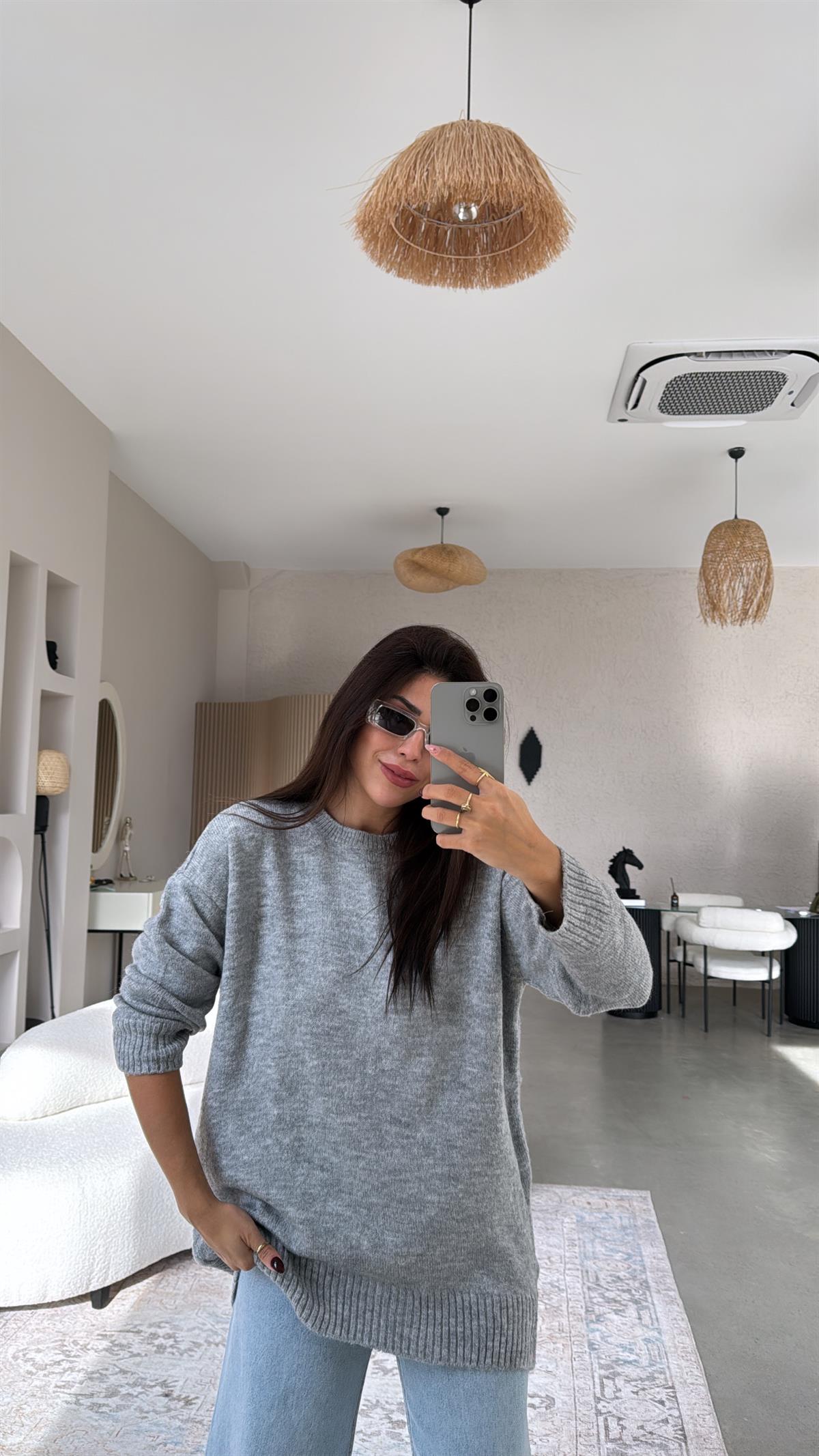 Gri Bisiklet Yaka Yumoş Kazak