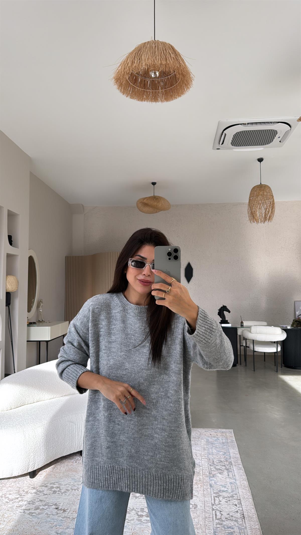 Gri Bisiklet Yaka Yumoş Kazak