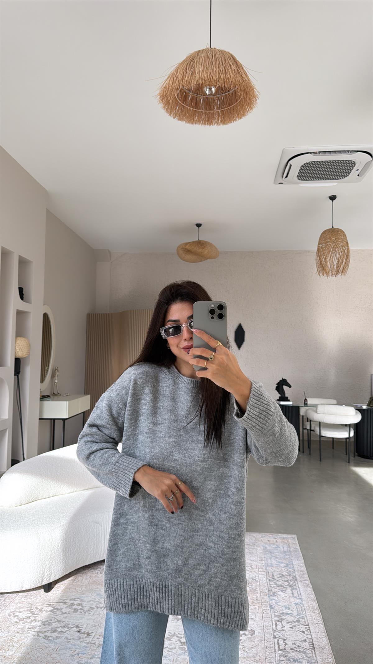 Gri Bisiklet Yaka Yumoş Kazak