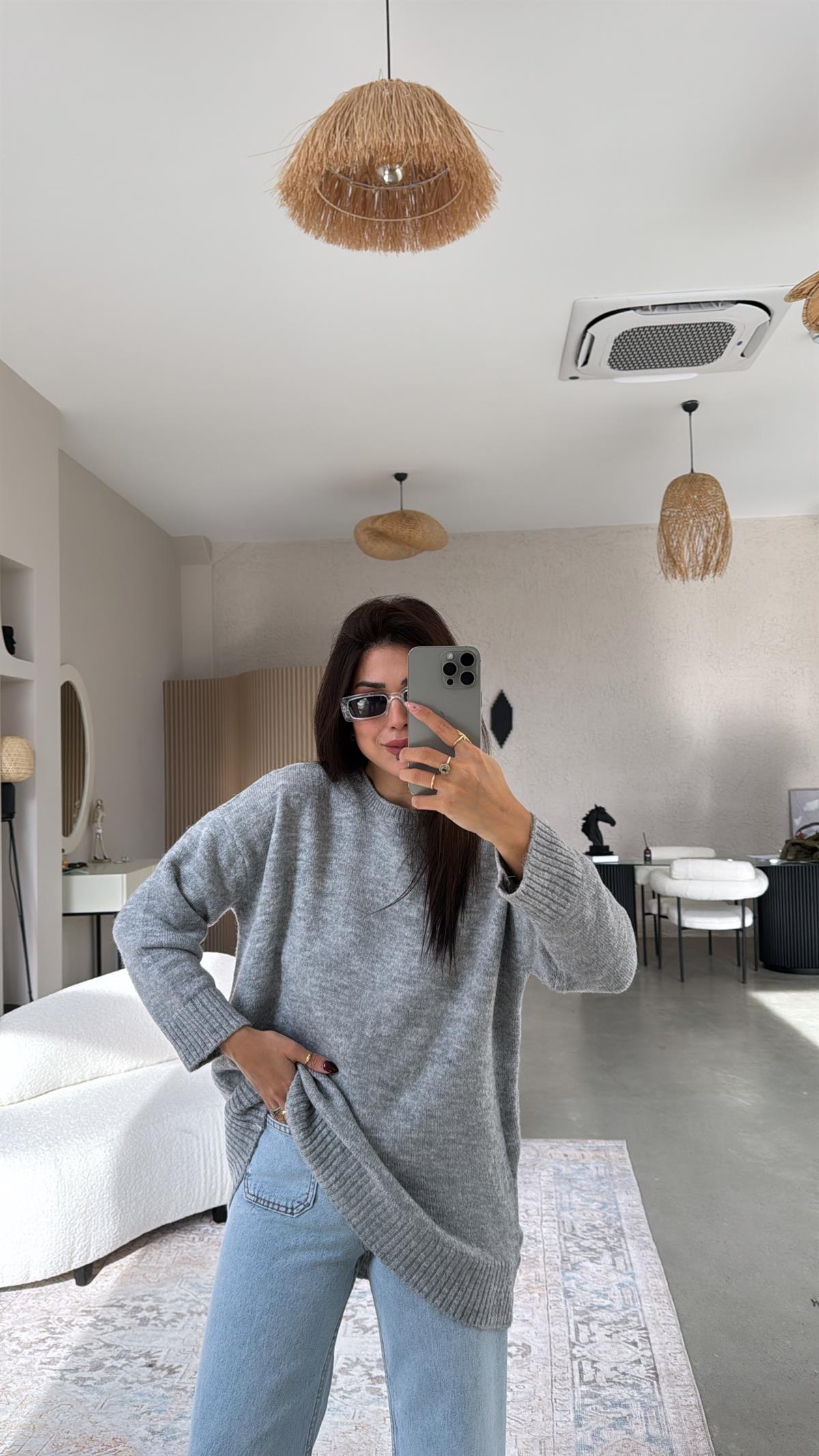 Gri Bisiklet Yaka Yumoş Kazak