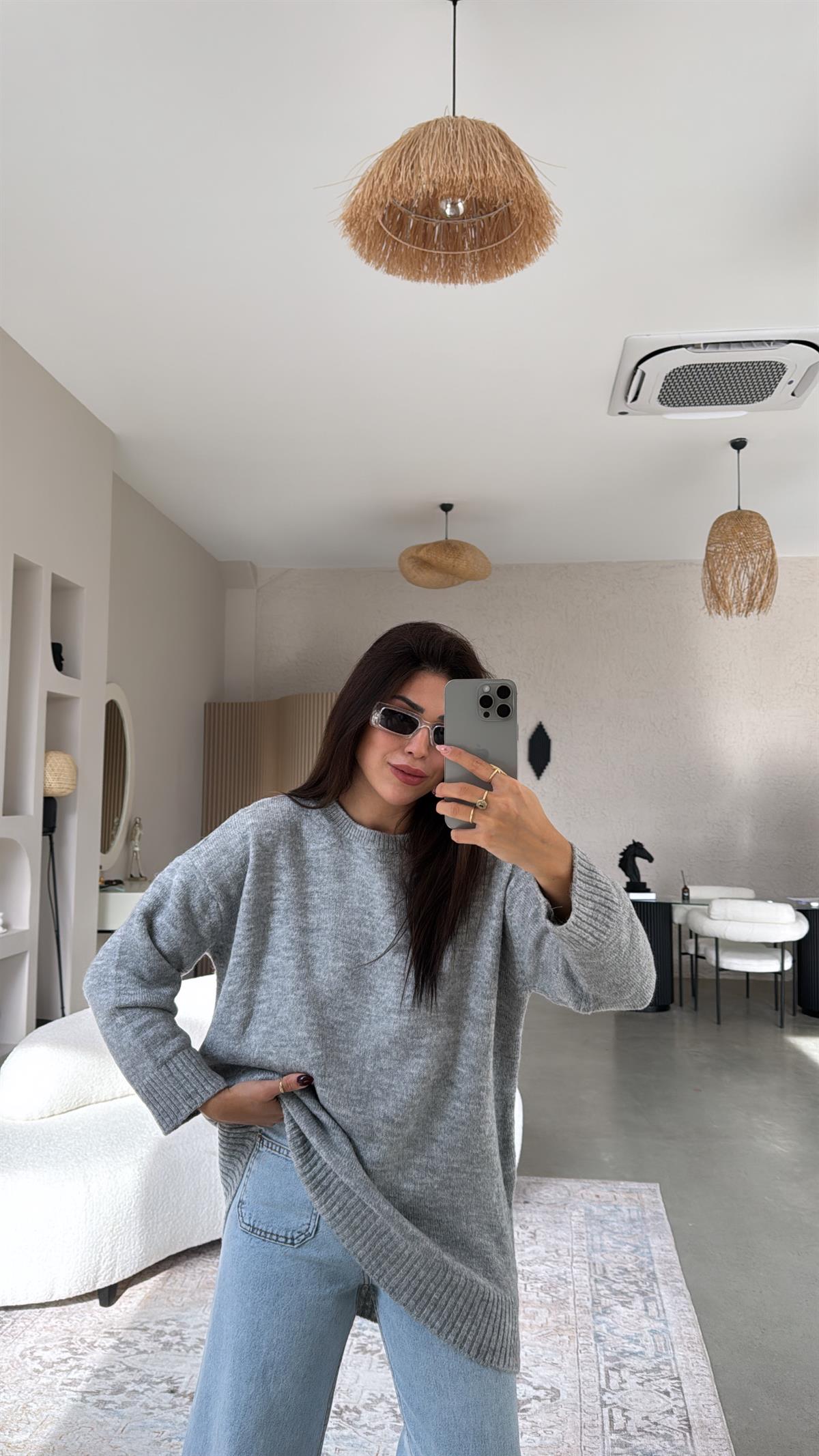 Gri Bisiklet Yaka Yumoş Kazak