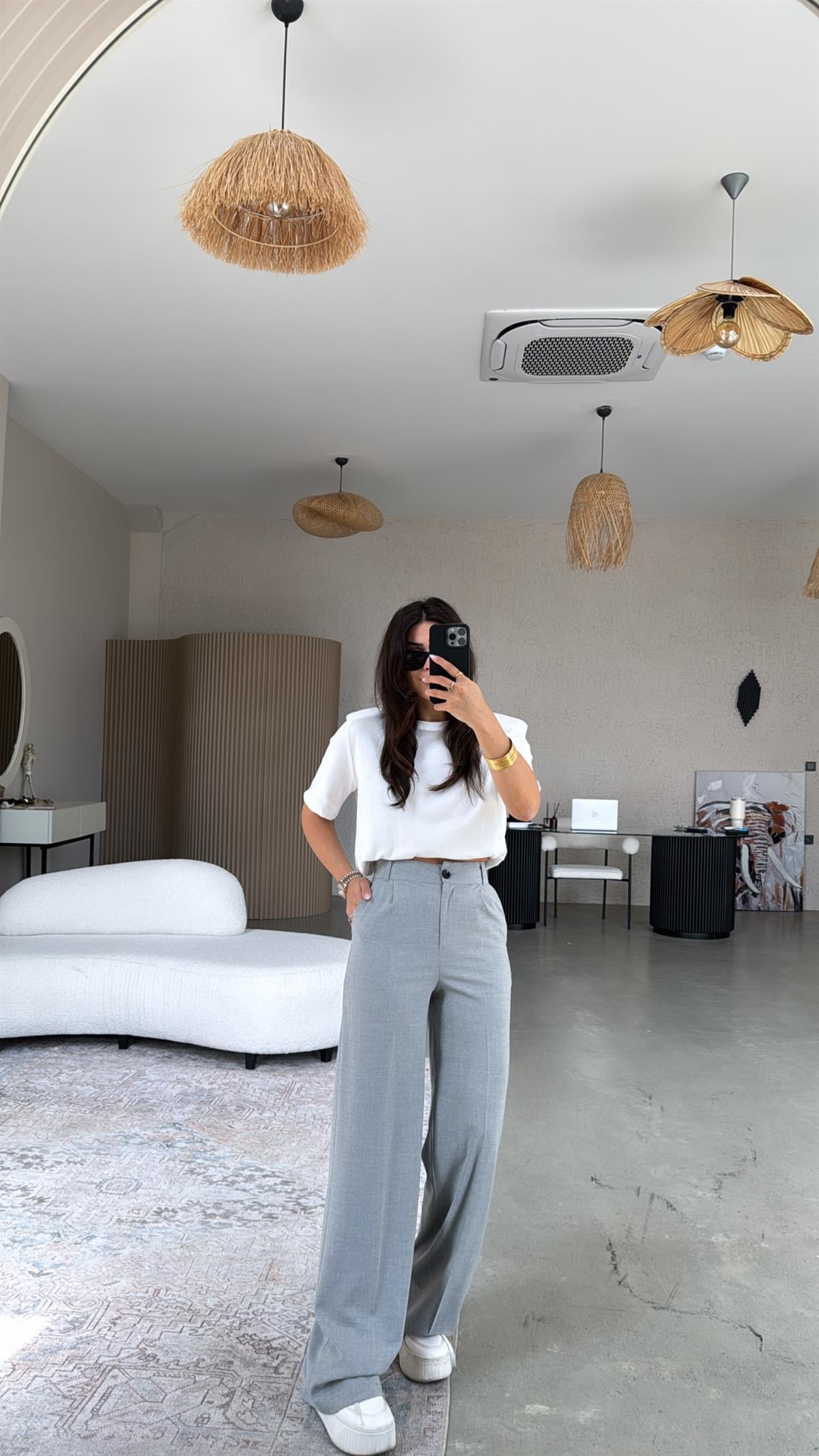 Gri Bol Paça Çift Pileli Pantolon