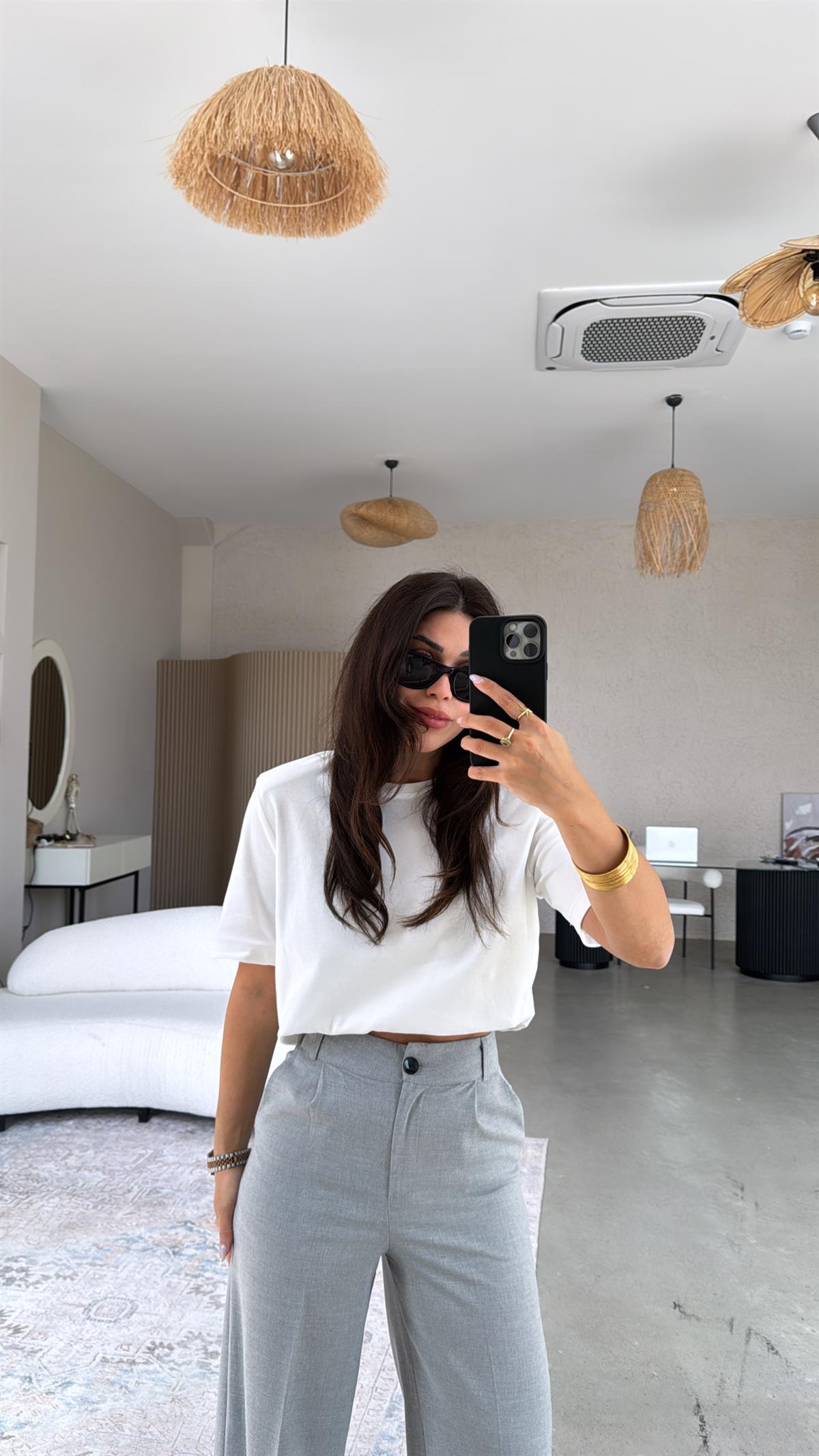 Gri Bol Paça Çift Pileli Pantolon