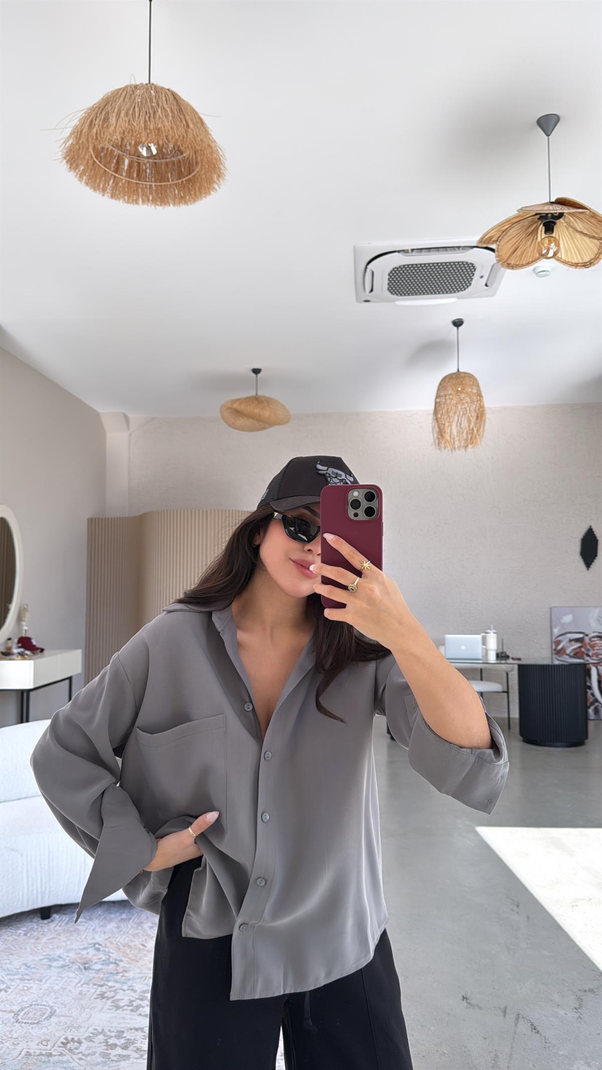 Gri Cepli Tensel Gömlek