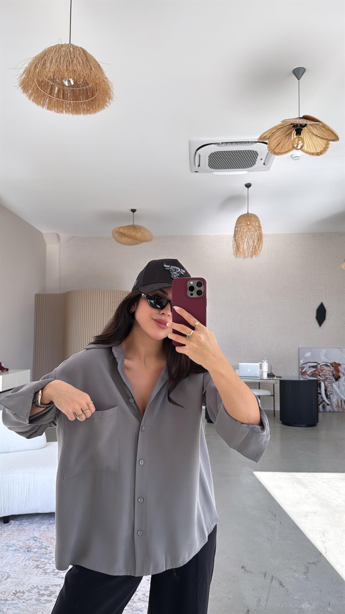 Gri Cepli Tensel Gömlek