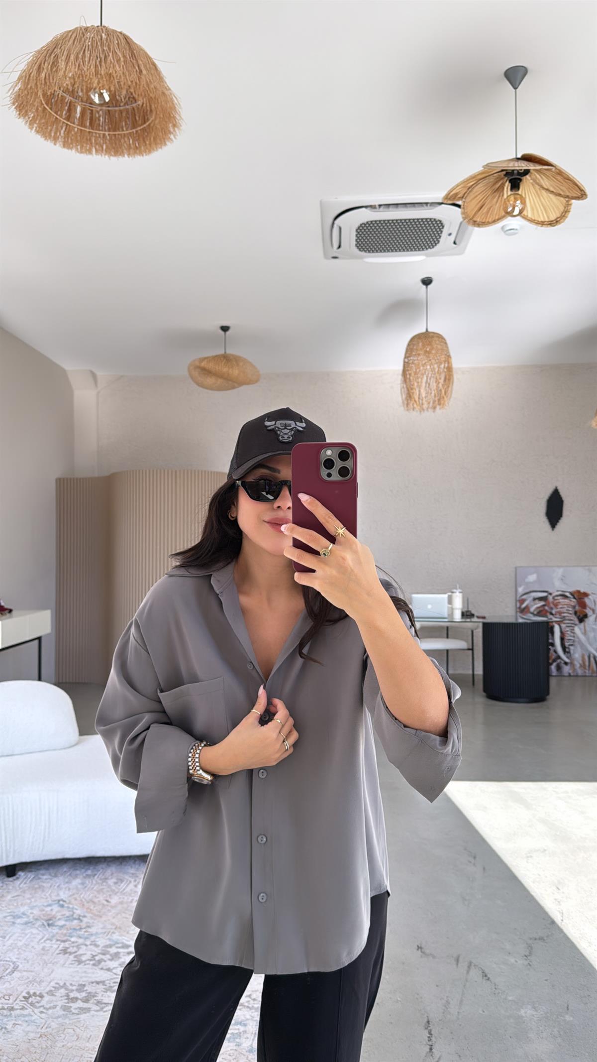 Gri Cepli Tensel Gömlek