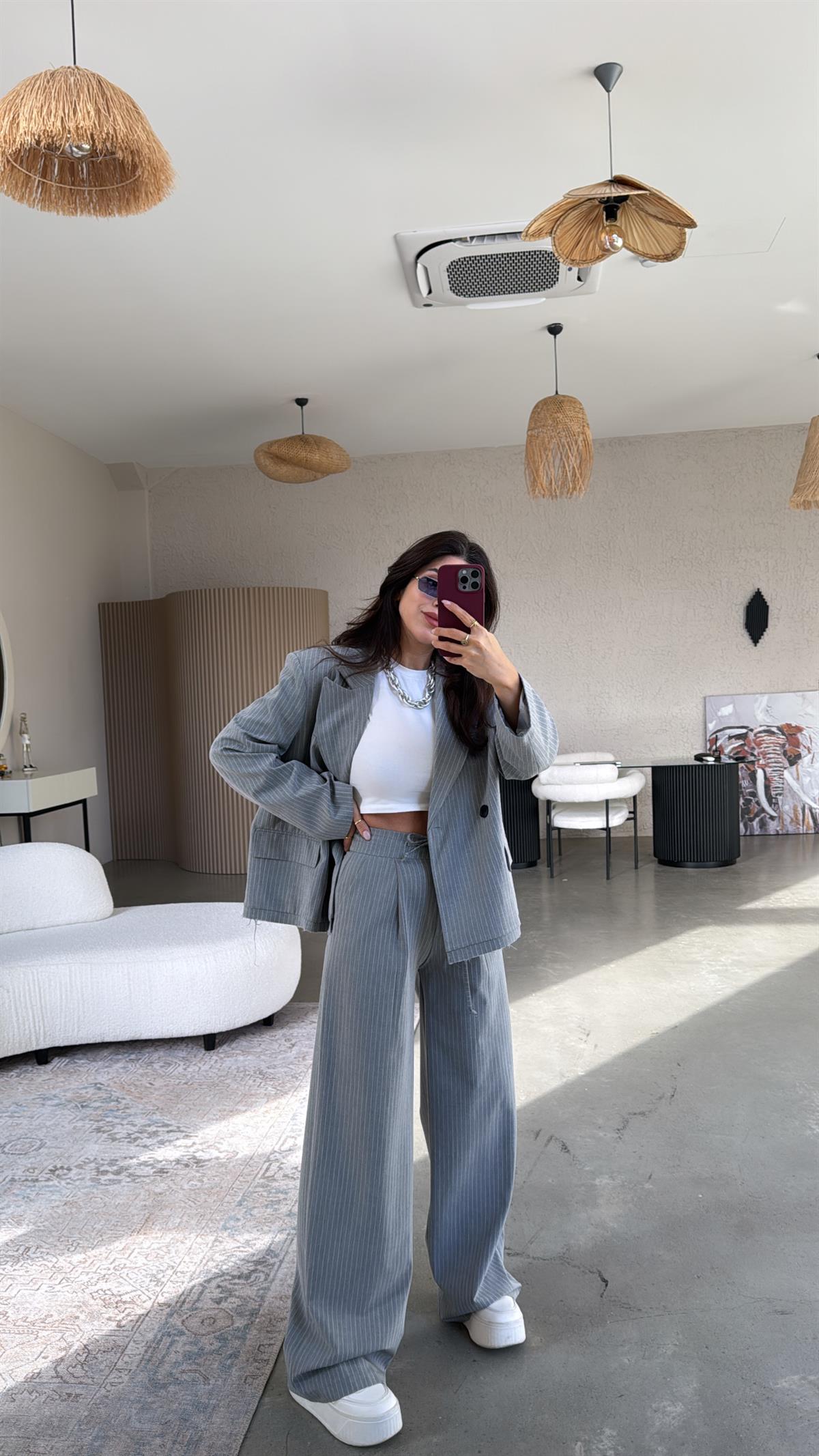 Gri Çizgili Premium Ceketli Takım