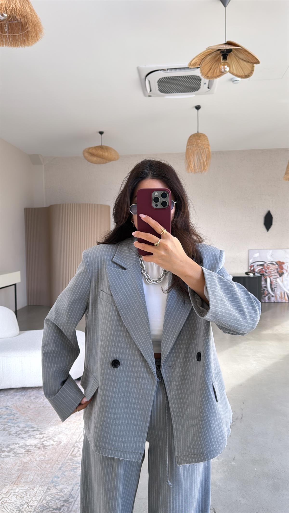 Gri Çizgili Premium Ceketli Takım