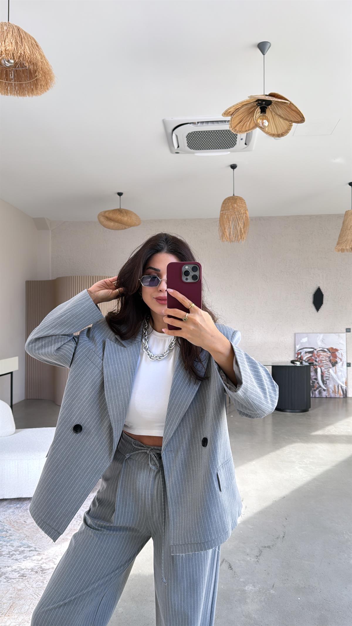 Gri Çizgili Premium Ceketli Takım