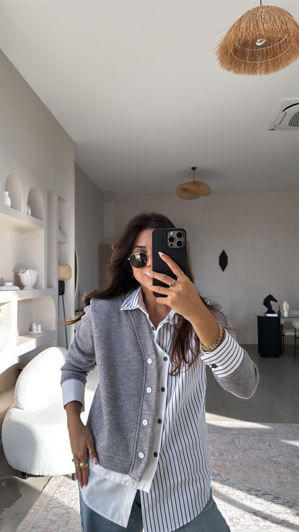 Gri Çizgili Tasarım Triko Detaylı Gömlek Bluz