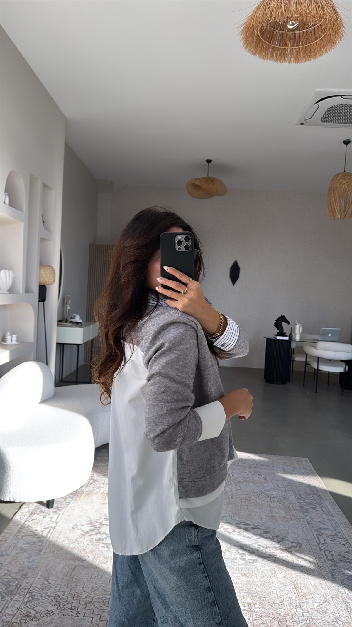 Gri Çizgili Tasarım Triko Detaylı Gömlek Bluz