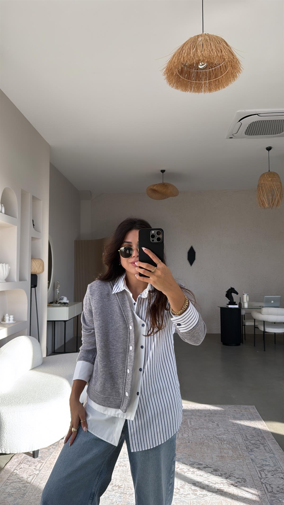 Gri Çizgili Tasarım Triko Detaylı Gömlek Bluz