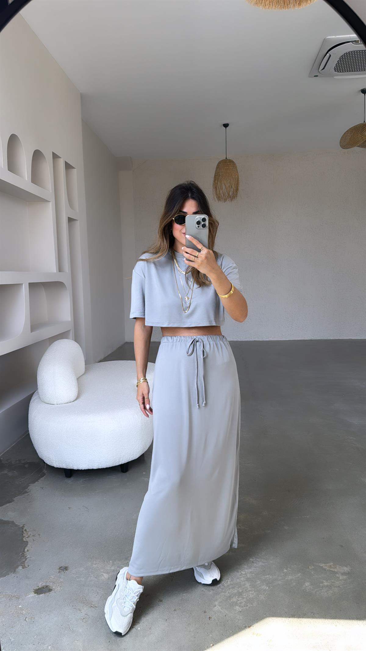 Gri Crop Tshirt Etek Takım