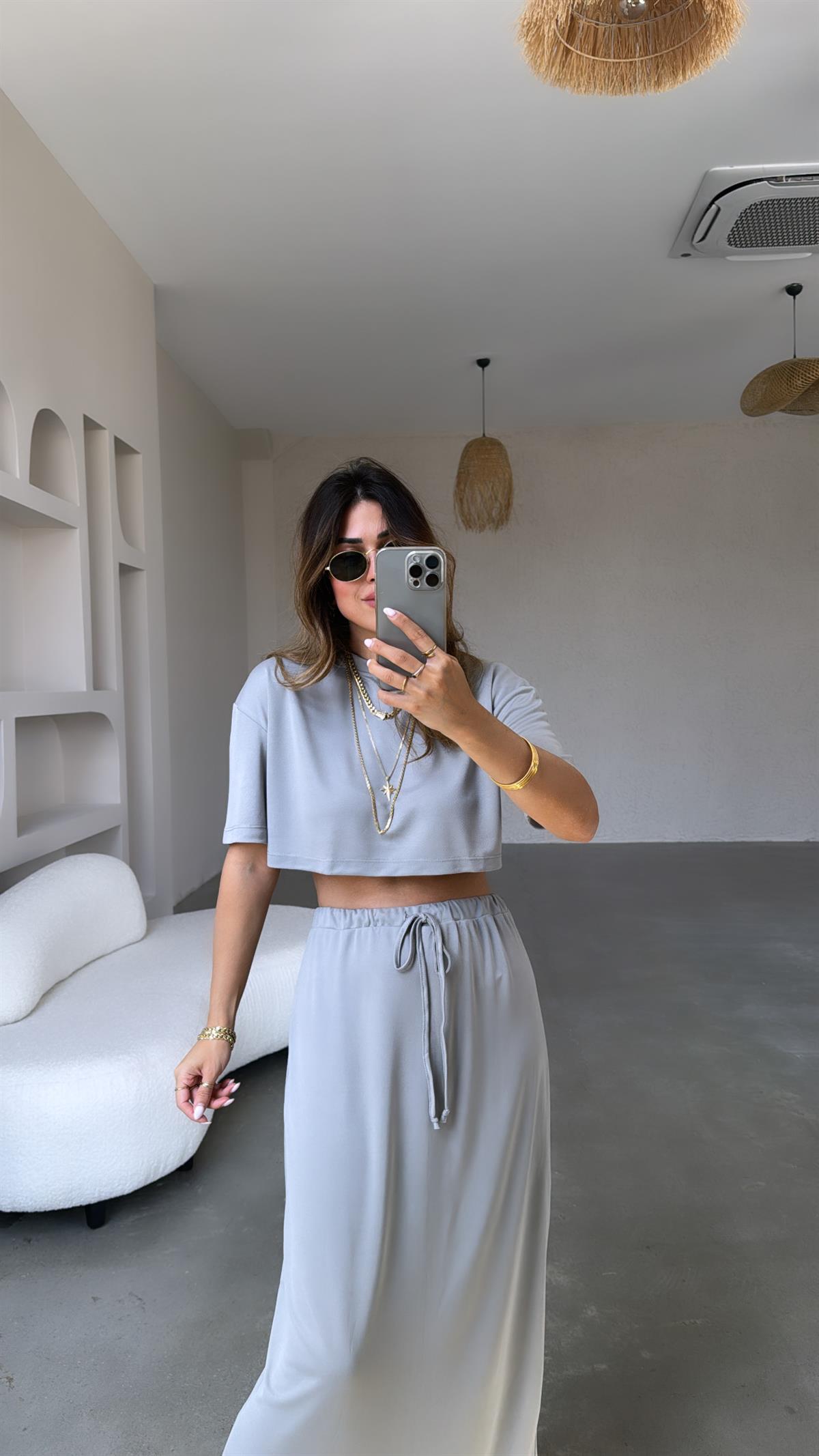 Gri Crop Tshirt Etek Takım