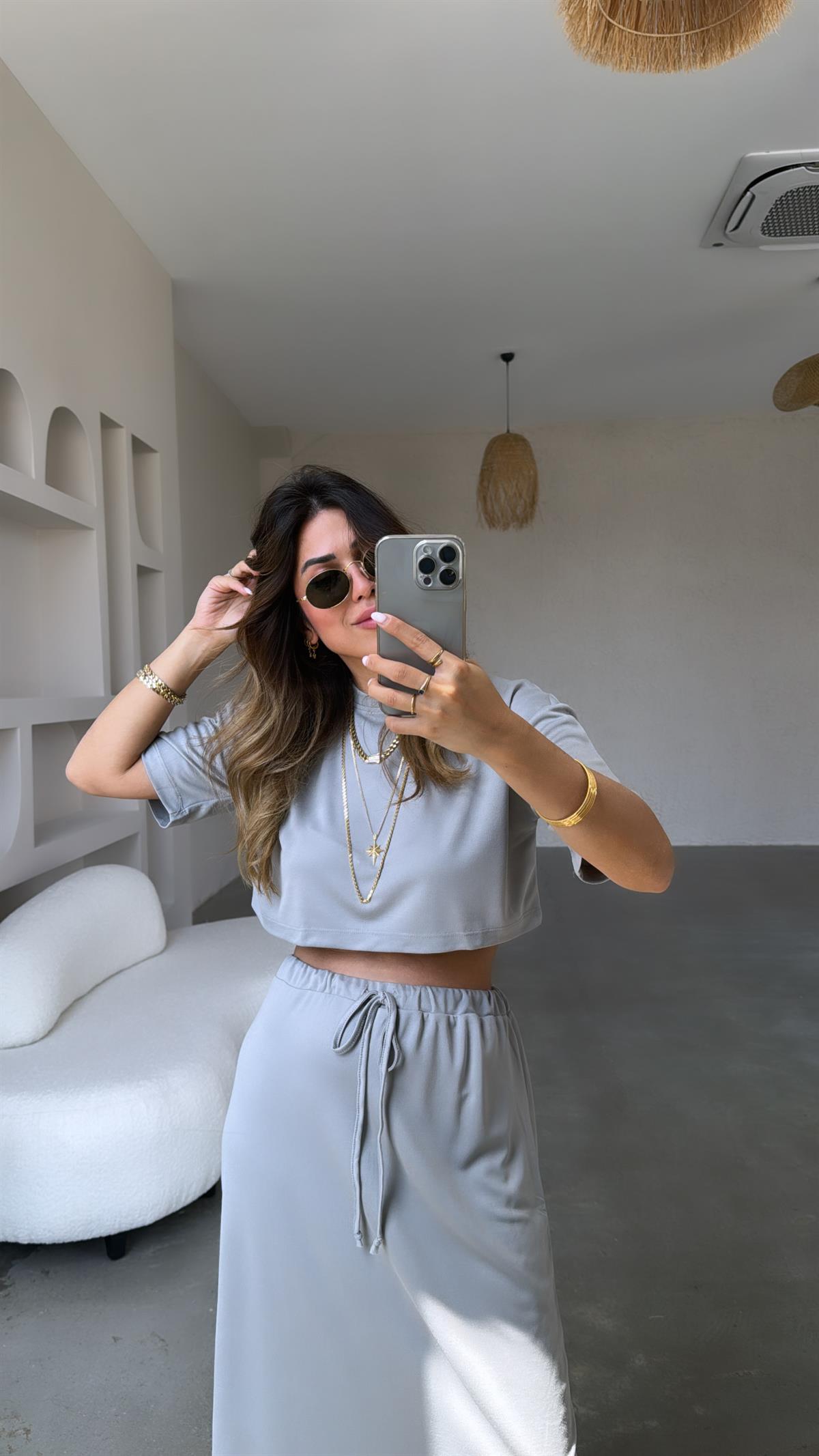 Gri Crop Tshirt Etek Takım