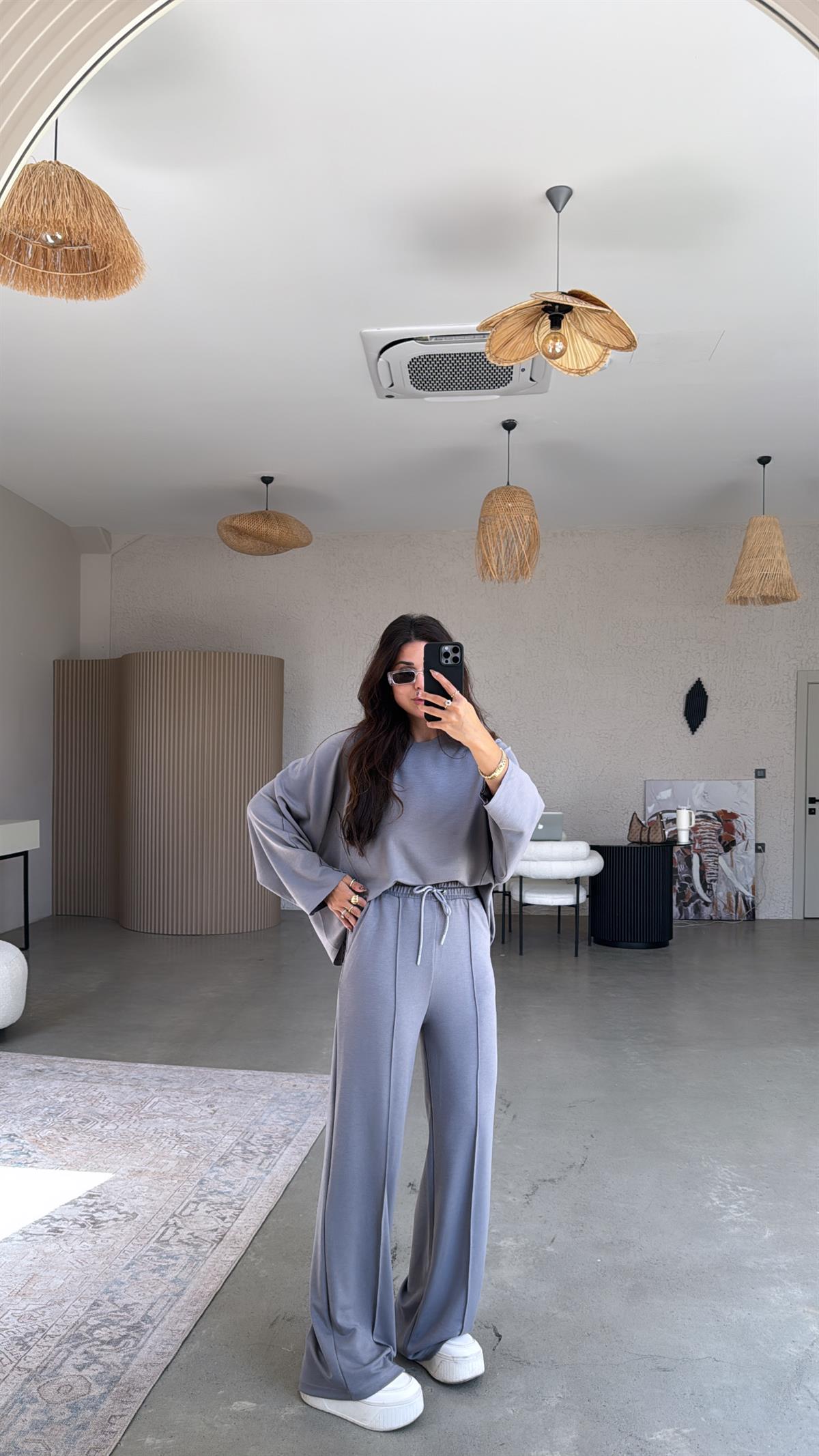 Gri Dikiş Detay Modal Takım