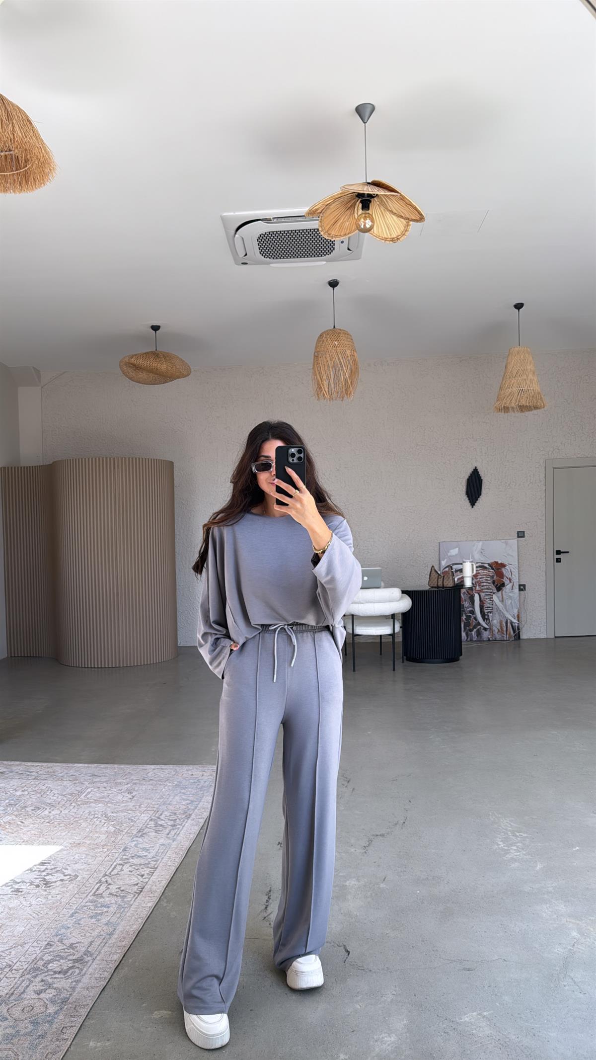 Gri Dikiş Detay Modal Takım