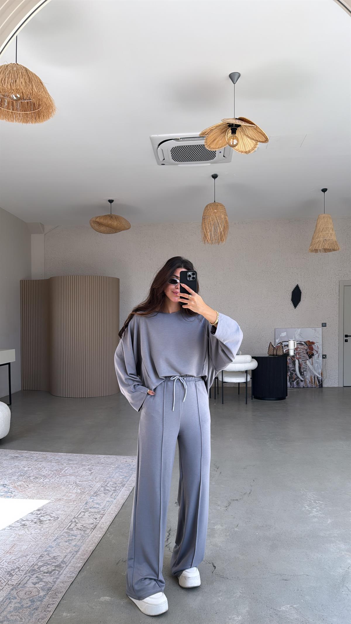 Gri Dikiş Detay Modal Takım