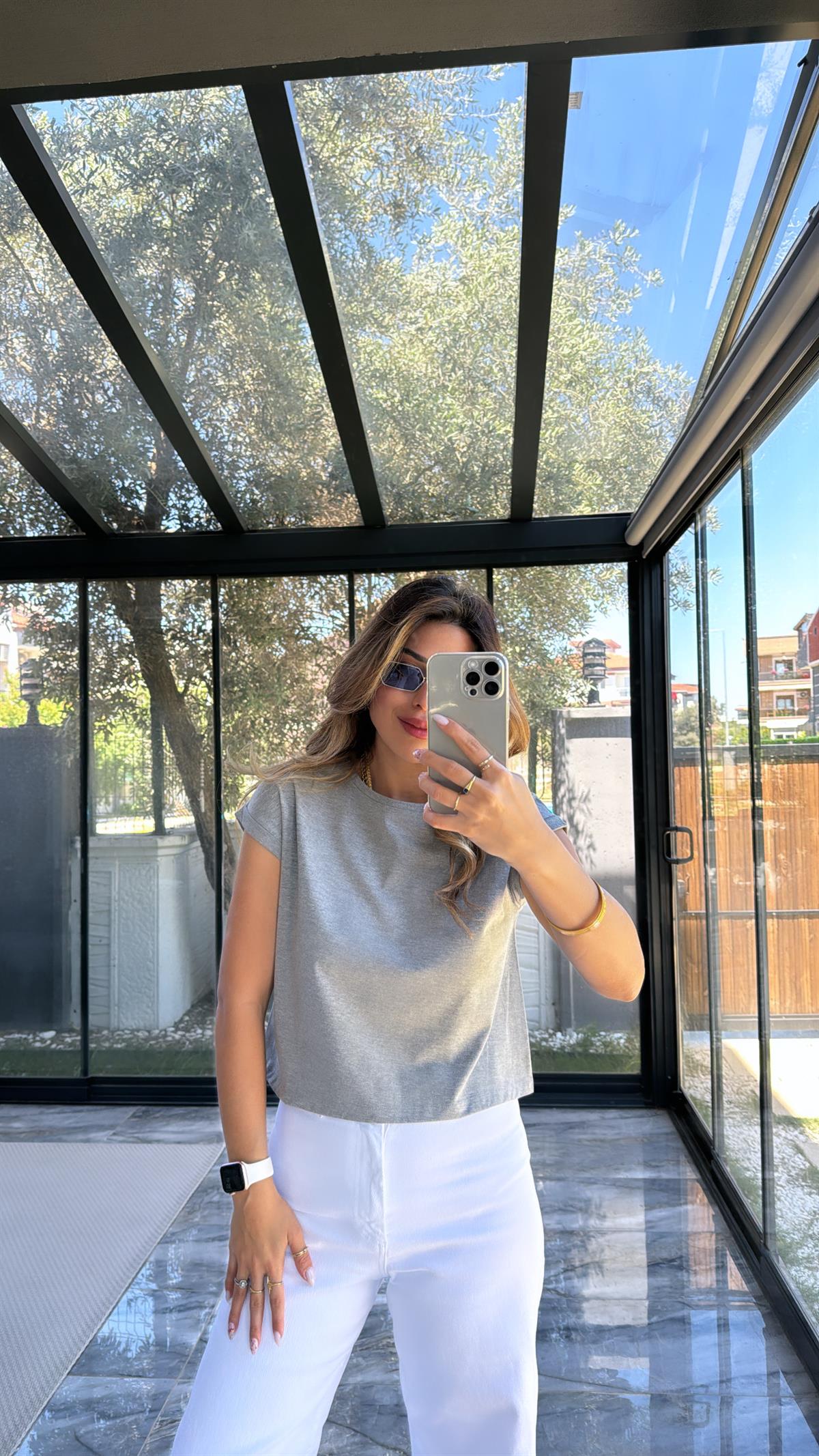 Gri Duble Kol Basic Tshirt