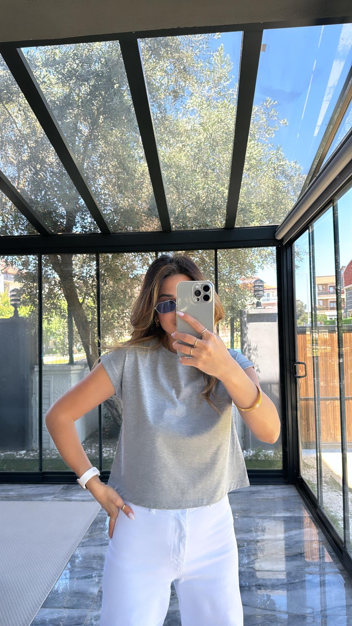 Gri Duble Kol Basic Tshirt