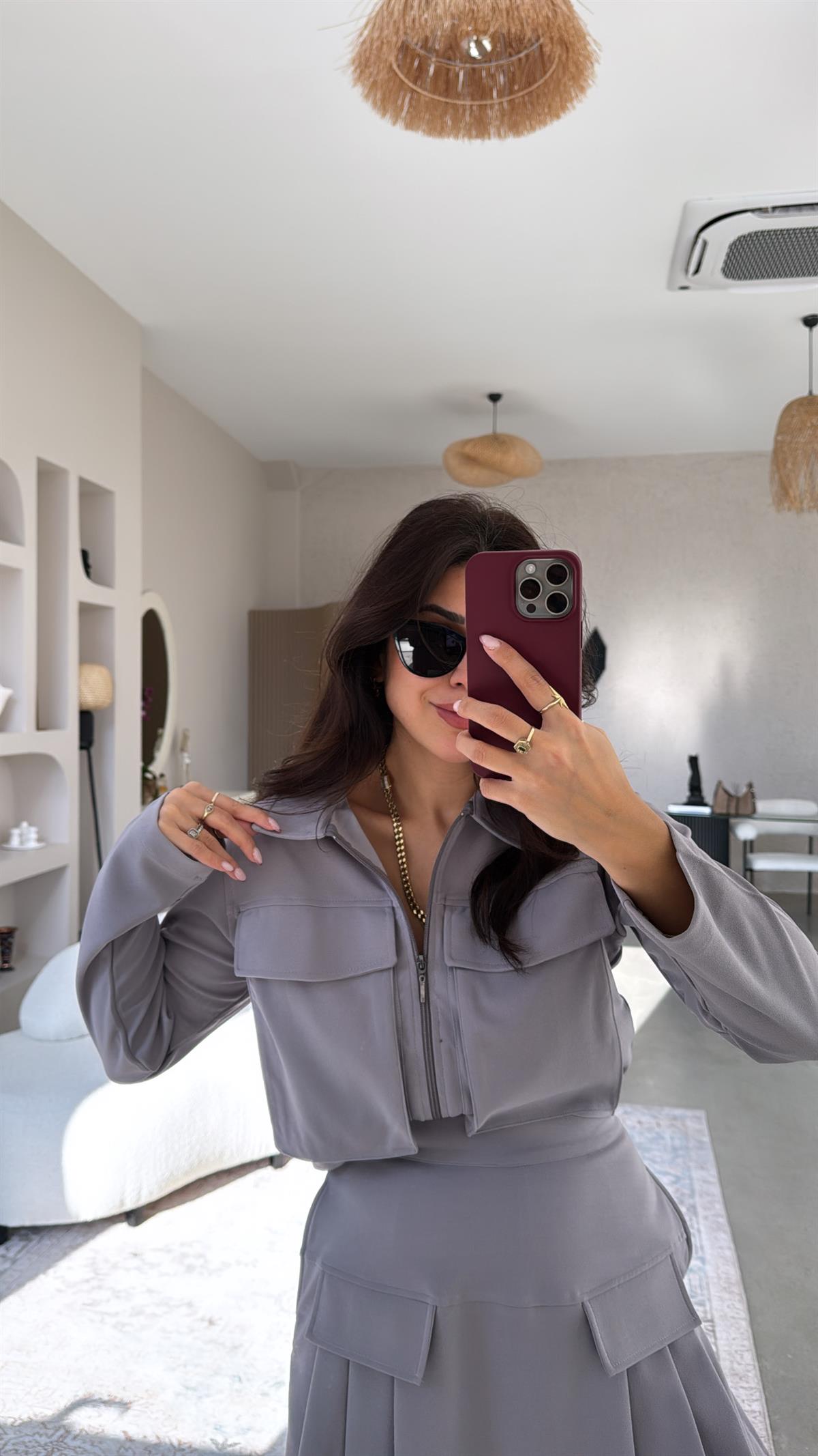 Gri Fermuarlı Ceket Şort Etek Takım